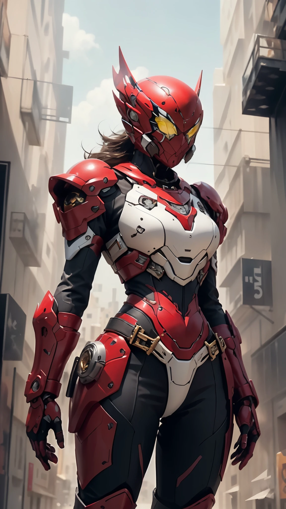 A woman adorned in fantasy-style full-body armor, a crown-concept fully enclosed helmet that unveils only her eyes, a composite layered chest plate, fully encompassing shoulder and hand guards, a lightweight waist armor, form-fitting shin guards, the overall design is heavy-duty yet flexible, ((the armor gleams with a golden glow, complemented by red and blue accents)), exhibiting a noble aura, she floats above a fantasy-surreal high-tech city, this character embodies a finely crafted fantasy-surreal style armored hero in anime style, exquisite and mature manga art style, (Queen bee mixed with Spider concept Armor, plasma, blood), ((Element, energy, elegant, goddess, femminine:1.5)), metallic, high definition, best quality, highres, ultra-detailed, ultra-fine painting, extremely delicate, professional, anatomically correct, symmetrical face, extremely detailed eyes and face, high quality eyes, creativity, RAW photo, UHD, 32k, Natural light, cinematic lighting, masterpiece-anatomy-perfect, masterpiece:1.5