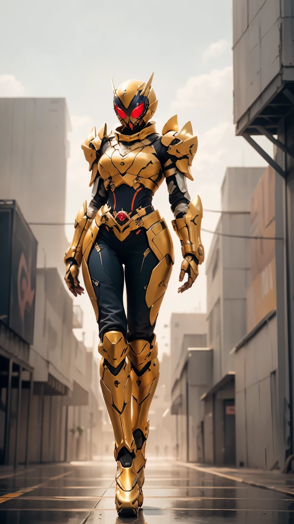 A woman adorned in fantasy-style full-body armor, a crown-concept fully enclosed helmet that unveils only her eyes, a composite layered chest plate, fully encompassing shoulder and hand guards, a lightweight waist armor, form-fitting shin guards, the overall design is heavy-duty yet flexible, ((the armor gleams with a golden glow, complemented by red and blue accents)), exhibiting a noble aura, she floats above a fantasy-surreal high-tech city, this character embodies a finely crafted fantasy-surreal style armored hero in anime style, exquisite and mature manga art style, (Queen bee mixed with Spider concept Armor, plasma, blood), ((Element, energy, elegant, goddess, femminine:1.5)), metallic, high definition, best quality, highres, ultra-detailed, ultra-fine painting, extremely delicate, professional, anatomically correct, symmetrical face, extremely detailed eyes and face, high quality eyes, creativity, RAW photo, UHD, 32k, Natural light, cinematic lighting, masterpiece-anatomy-perfect, masterpiece:1.5