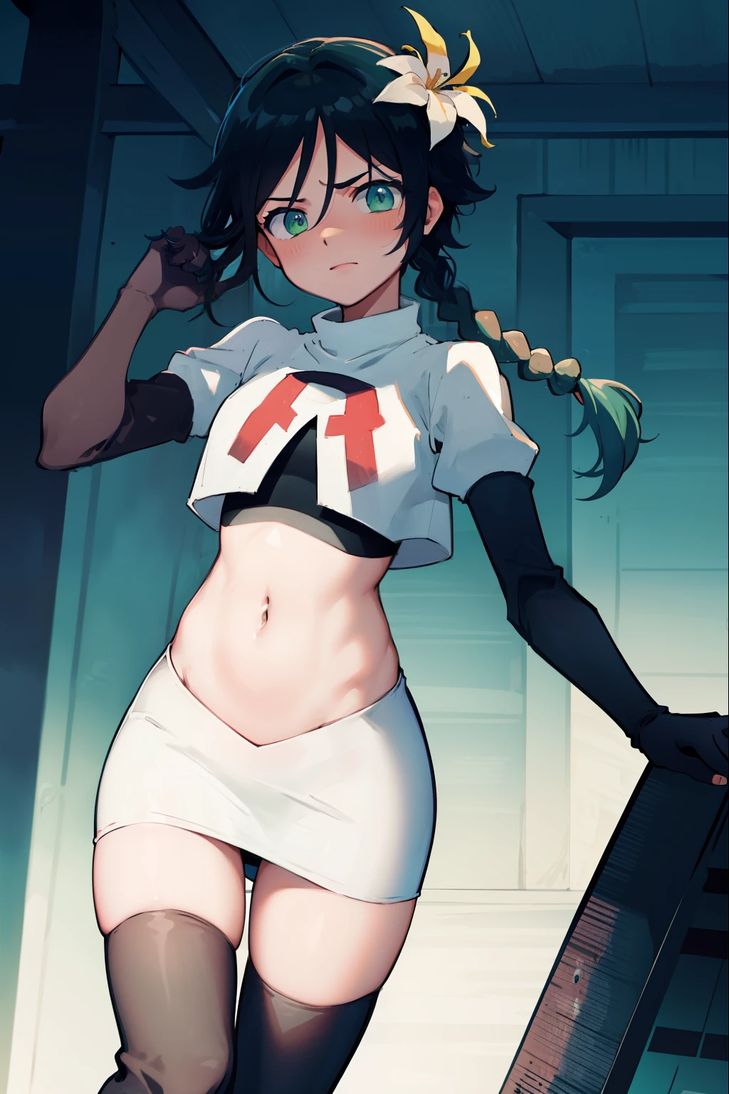 absurdres,venti,1boy, male focus, trap,black hair, green-blue hair, hair braid,hair flower,aqua green eyes,crossdressing,1boy,team rocket,team rocket uniform,white skirt,red letter R,crop top,black thigh-highs,black elbow gloves, embarrassed, blush
