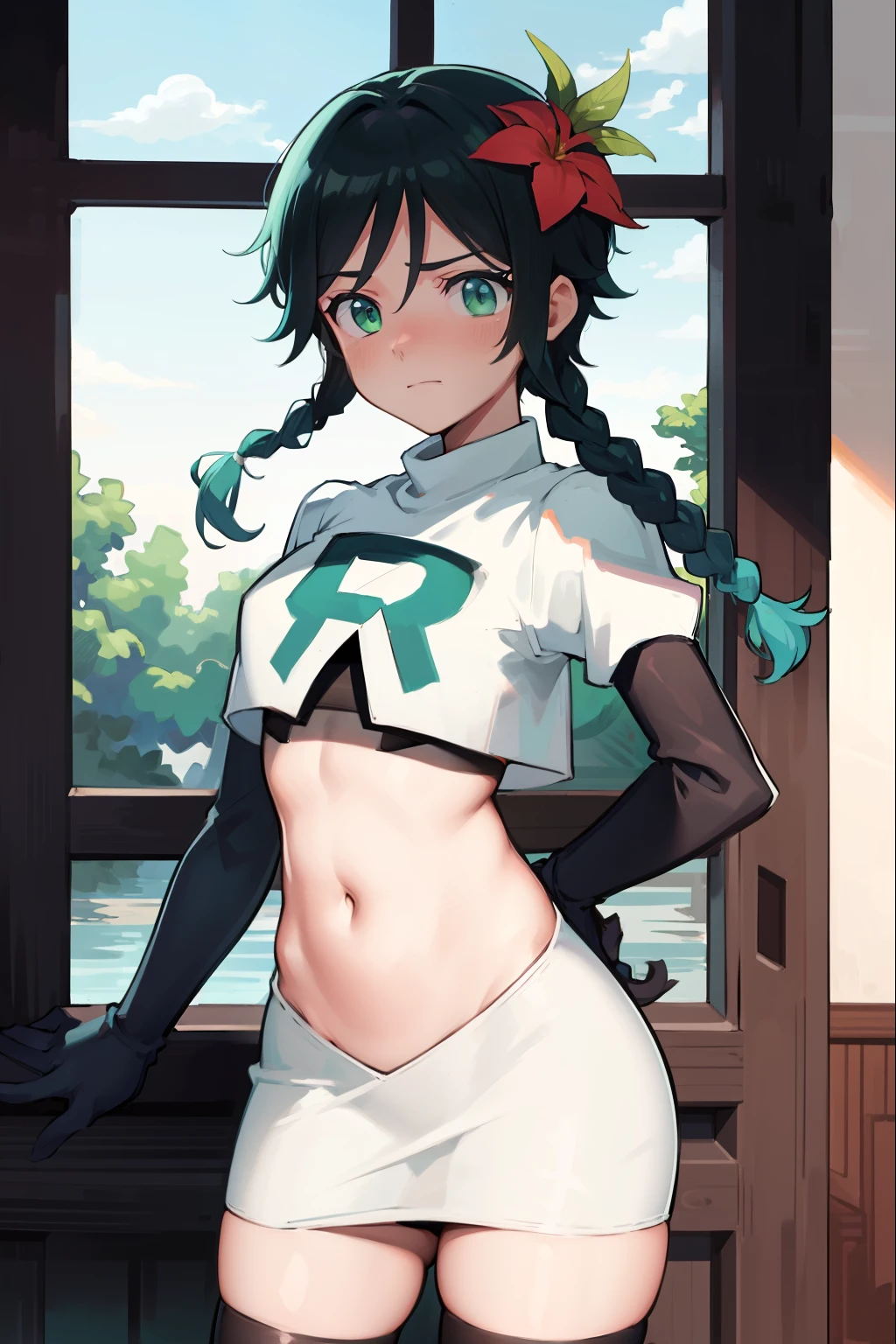 absurdres,venti,1boy, male focus, trap,black hair, green-blue hair, hair braid,hair flower,aqua green eyes,crossdressing,1boy,team rocket,team rocket uniform,white skirt,red letter R,crop top,black thigh-highs,black elbow gloves, embarrassed, blush