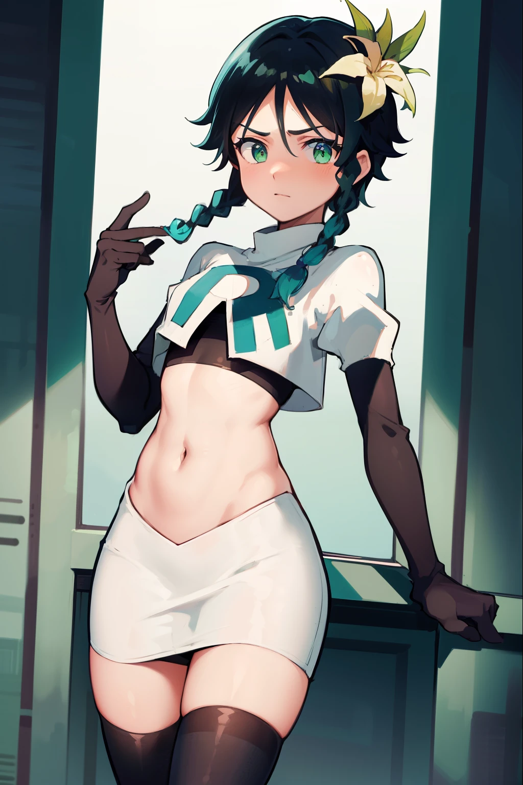 absurdres,venti,1boy, male focus, trap,black hair, green-blue hair, hair braid,hair flower,aqua green eyes,crossdressing,1boy,team rocket,team rocket uniform,white skirt,red letter R,crop top,black thigh-highs,black elbow gloves, embarrassed, blush