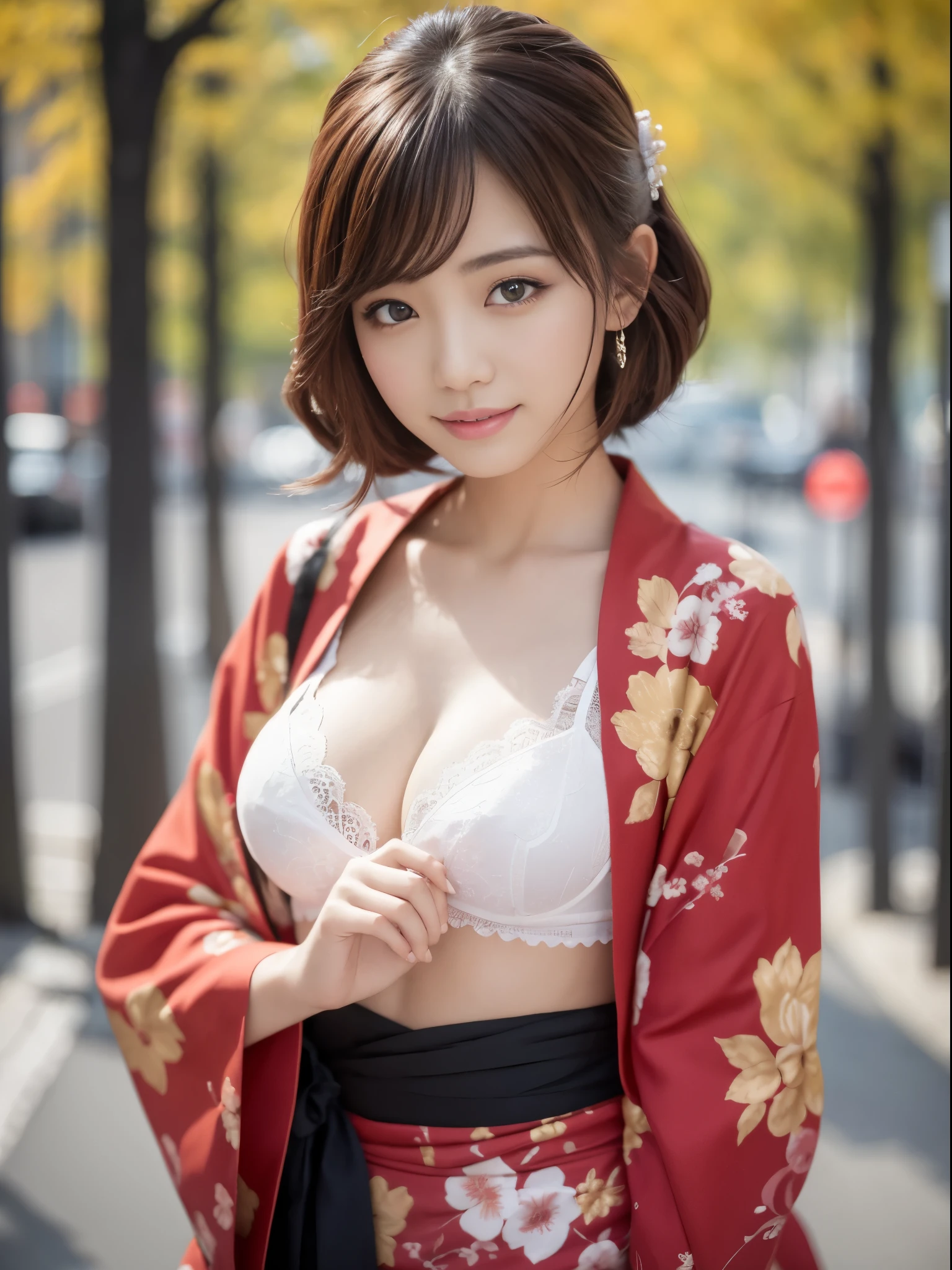 table top, highest quality, figure, super detailed, finely, High resolution, 8k wallpaper, 完璧なダイナミックな構figure, detailed and beautiful eyes, She wears a red kimono,medium hair,natural color lip, bold sexy pose,smile,Harajuku、Japan girls at 24 years old、cute、sexy shot looking at camera、perfect proportions、C cup、brown hair、cacique#39;face、Blurred green park background