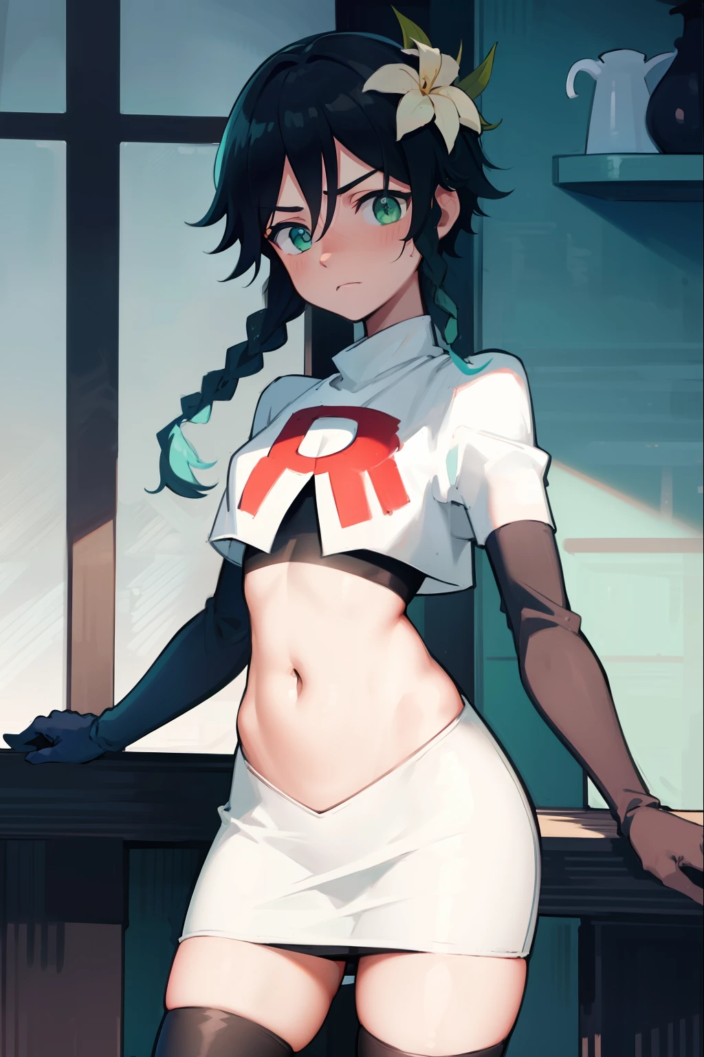 absurdres,venti,1boy, male focus, trap,black hair, green-blue hair, hair braid,hair flower,aqua green eyes,crossdressing,1boy,team rocket,team rocket uniform,white skirt,red letter R,crop top,black thigh-highs,black elbow gloves, embarrassed, blush