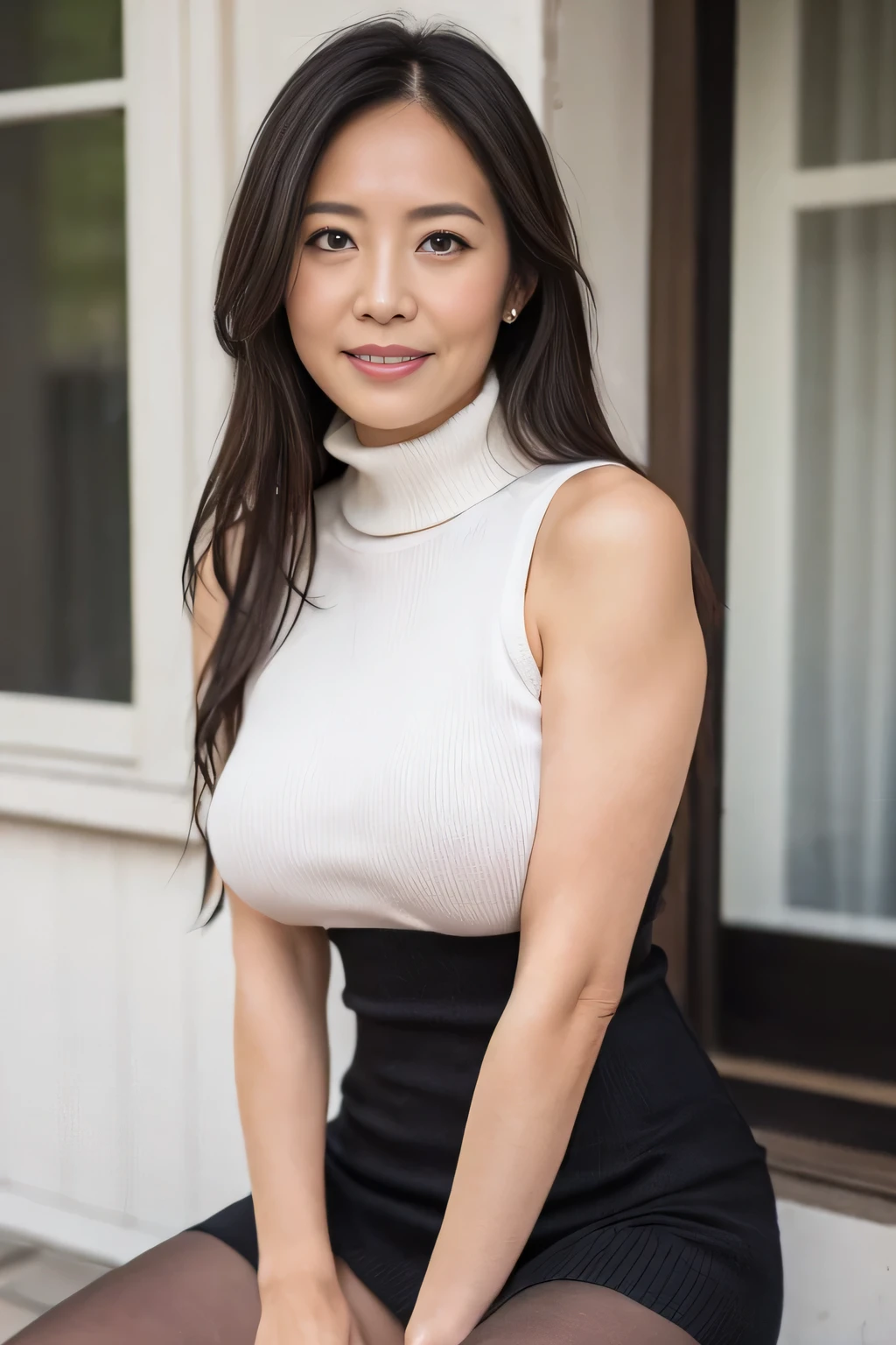 1 girl, japanese mature, (alone), 50 years old, (wrinkles around the eyes:1.4), big breasts, long hair, mature woman, Glamour, Sexy, pure white skin, looking at the viewer, super huge breasts, Wearing a sleeveless turtleneck knit, Tight fit knit dress Cheuchimuchi, black pantyhose, high heels, smile, Public place, crossed legs