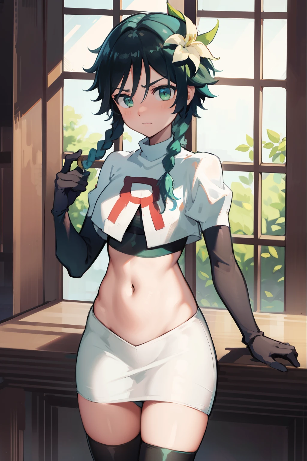 absurdres,venti,1boy, male focus, trap,black hair, green-blue hair, hair braid,hair flower,aqua green eyes,crossdressing,1boy,team rocket,team rocket uniform,white skirt,red letter R,crop top,black thigh-highs,black elbow gloves, embarrassed, blush