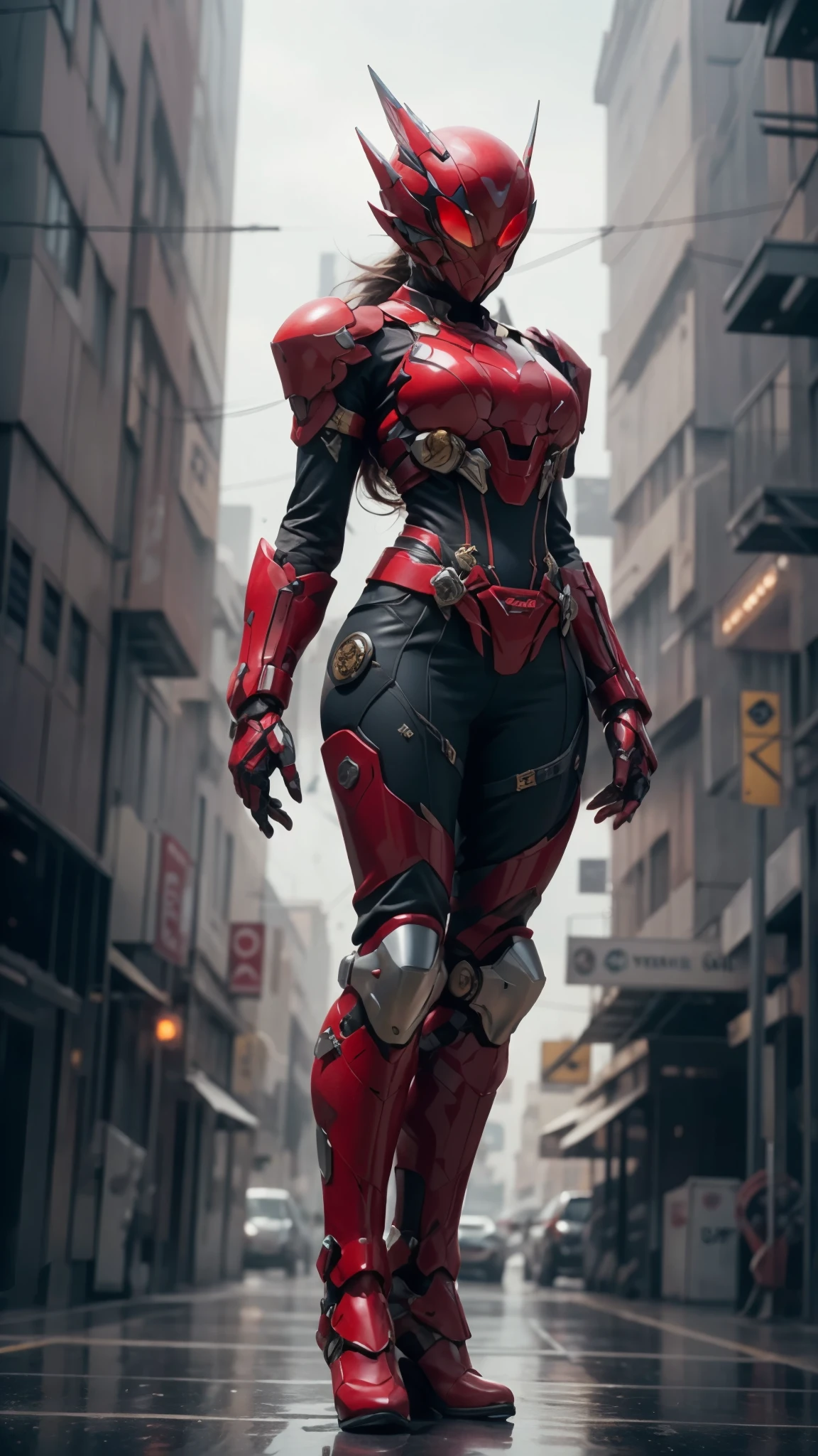 A woman adorned in fantasy-style full-body armor, a crown-concept fully enclosed helmet that unveils only her eyes, a composite layered chest plate, fully encompassing shoulder and hand guards, a lightweight waist armor, form-fitting shin guards, the overall design is heavy-duty yet flexible, ((the armor gleams with a golden glow, complemented by red and blue accents)), exhibiting a noble aura, she floats above a fantasy-surreal high-tech city, this character embodies a finely crafted fantasy-surreal style armored hero in anime style, exquisite and mature manga art style, (Queen bee mixed with Spider concept Armor, plasma, blood), ((Element, energy, elegant, goddess, femminine:1.5)), metallic, high definition, best quality, highres, ultra-detailed, ultra-fine painting, extremely delicate, professional, anatomically correct, symmetrical face, extremely detailed eyes and face, high quality eyes, creativity, RAW photo, UHD, 32k, Natural light, cinematic lighting, masterpiece-anatomy-perfect, masterpiece:1.5