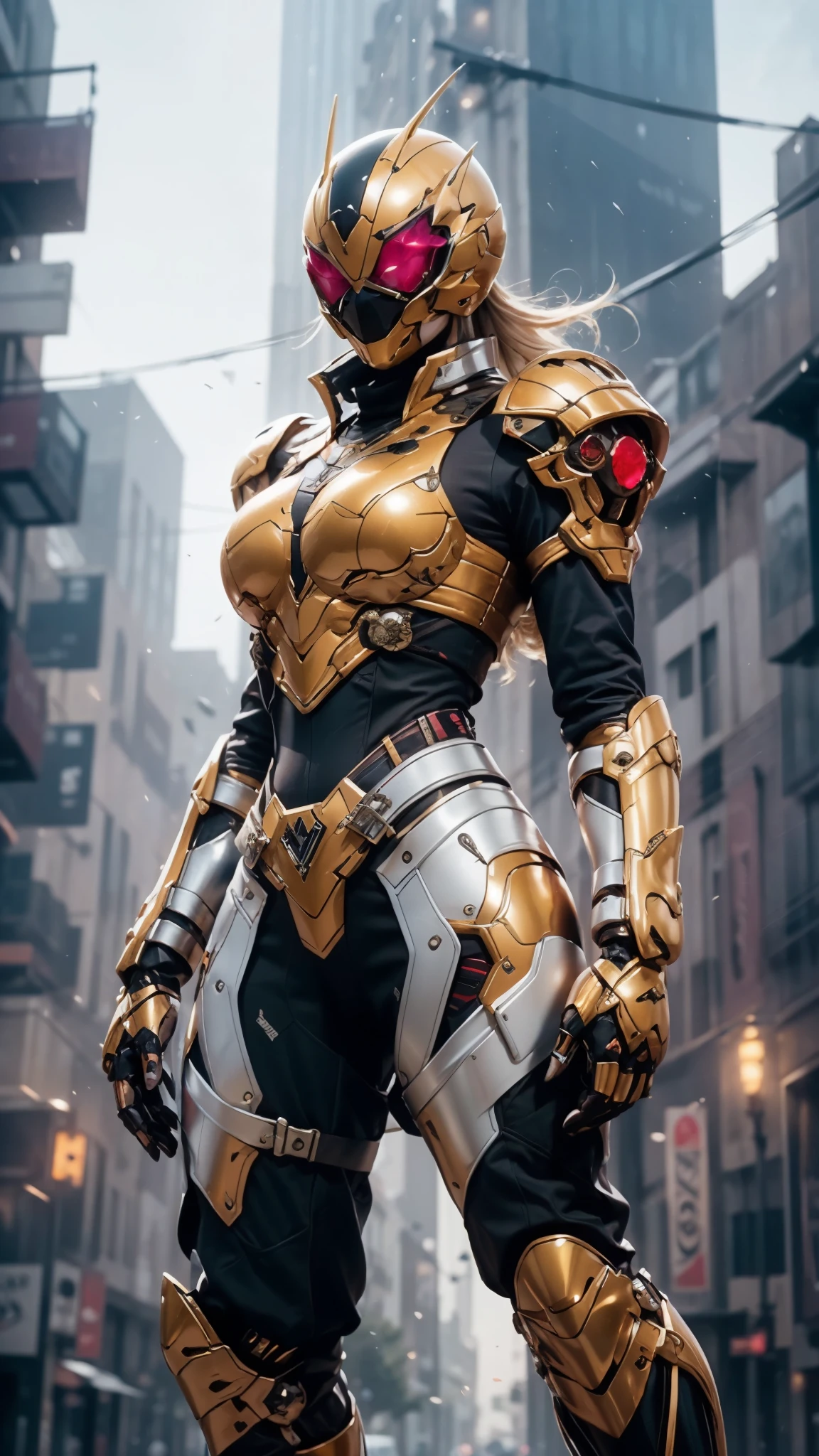 A woman adorned in fantasy-style full-body armor, a crown-concept fully enclosed helmet that unveils only her eyes, a composite layered chest plate, fully encompassing shoulder and hand guards, a lightweight waist armor, form-fitting shin guards, the overall design is heavy-duty yet flexible, ((the armor gleams with a golden glow, complemented by red and blue accents)), exhibiting a noble aura, she floats above a fantasy-surreal high-tech city, this character embodies a finely crafted fantasy-surreal style armored hero in anime style, exquisite and mature manga art style, (Queen bee mixed with Spider concept Armor, plasma, blood), ((Element, energy, elegant, goddess, femminine:1.5)), metallic, high definition, best quality, highres, ultra-detailed, ultra-fine painting, extremely delicate, professional, anatomically correct, symmetrical face, extremely detailed eyes and face, high quality eyes, creativity, RAW photo, UHD, 32k, Natural light, cinematic lighting, masterpiece-anatomy-perfect, masterpiece:1.5