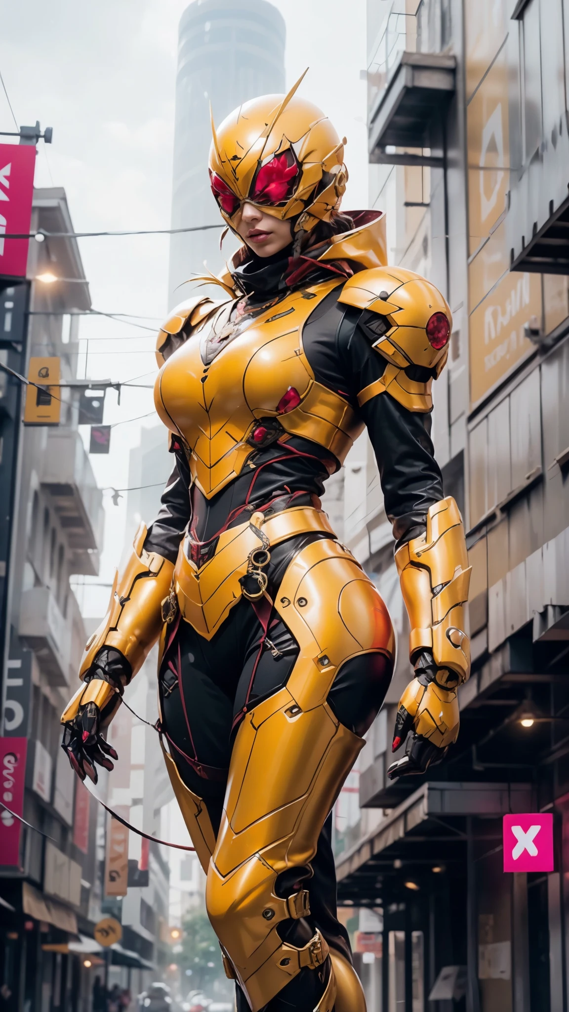 A woman adorned in fantasy-style full-body armor, a crown-concept fully enclosed helmet that unveils only her eyes, a composite layered chest plate, fully encompassing shoulder and hand guards, a lightweight waist armor, form-fitting shin guards, the overall design is heavy-duty yet flexible, ((the armor gleams with a golden glow, complemented by red and blue accents)), exhibiting a noble aura, she floats above a fantasy-surreal high-tech city, this character embodies a finely crafted fantasy-surreal style armored hero in anime style, exquisite and mature manga art style, (Queen bee mixed with Spider concept Armor, plasma, blood), ((Element, energy, elegant, goddess, femminine:1.5)), metallic, high definition, best quality, highres, ultra-detailed, ultra-fine painting, extremely delicate, professional, anatomically correct, symmetrical face, extremely detailed eyes and face, high quality eyes, creativity, RAW photo, UHD, 32k, Natural light, cinematic lighting, masterpiece-anatomy-perfect, masterpiece:1.5