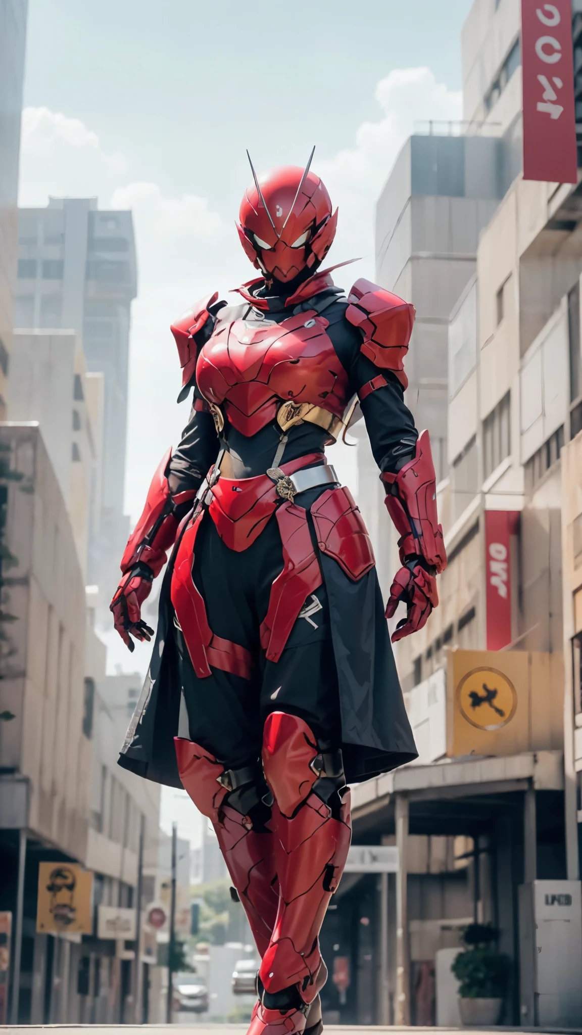A woman adorned in fantasy-style full-body armor, a crown-concept fully enclosed helmet that unveils only her eyes, a composite layered chest plate, fully encompassing shoulder and hand guards, a lightweight waist armor, form-fitting shin guards, the overall design is heavy-duty yet flexible, ((the armor gleams with a golden glow, complemented by red and blue accents)), exhibiting a noble aura, she floats above a fantasy-surreal high-tech city, this character embodies a finely crafted fantasy-surreal style armored hero in anime style, exquisite and mature manga art style, (Queen bee mixed with Spider concept Armor, plasma, blood), ((Element, energy, elegant, goddess, femminine:1.5)), metallic, high definition, best quality, highres, ultra-detailed, ultra-fine painting, extremely delicate, professional, anatomically correct, symmetrical face, extremely detailed eyes and face, high quality eyes, creativity, RAW photo, UHD, 32k, Natural light, cinematic lighting, masterpiece-anatomy-perfect, masterpiece:1.5