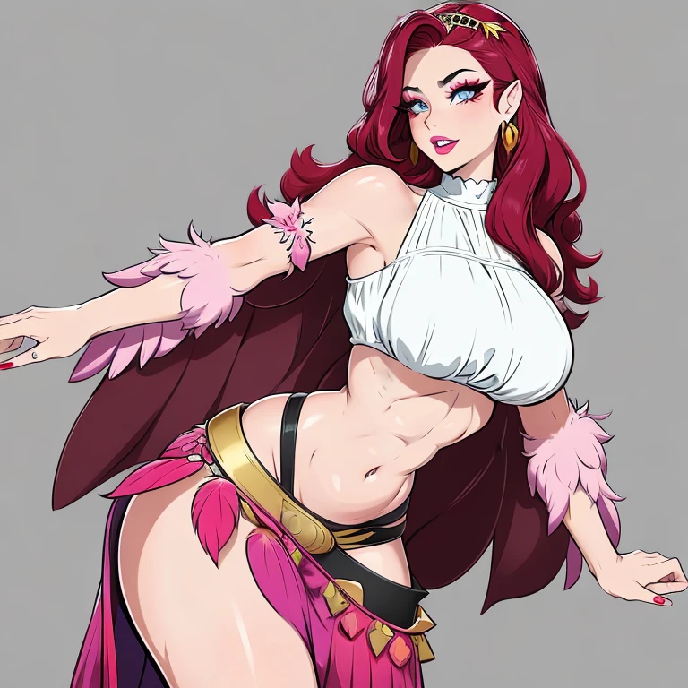 (masterpiece, best quality:1.2), 1girl, solo, beautiful woman, harpy woman, winged arms, sharp teeth, gorgeous woman, stunning woman, golden ratio face, huge breasts, curvy, wide hips, skinny waist, flat stomach, small waist, fit, toned stomach, long eyelashes, glamorous, eyeshadow, dark blue eyes, red sclera, no white in eyes, plump lips, makeup, midriff, thick thighs, lipstick, lips, nose, long hair, wavy hair, curly hair, rouge hair, red hair, reddish purple hair, pink hair, black hair pieces, black sideburn pieces, red sclera, harpy, winged arms, dark wine winged arm feathers, pink bird leg feathers, white blouse, midriff, navel, boho maxi skirt, ruffle maxi skirt, boho white blouse, red head band, gypsy, grey bird feet, bird legs, lammergeier harpy, pink feather legs, pink feathers on forehead