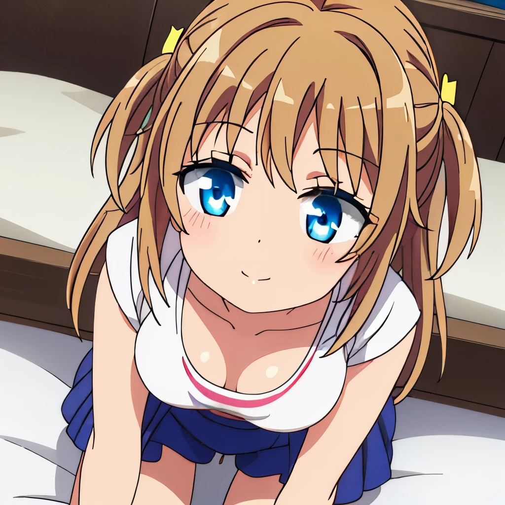 ((muste piece)), ((best quality)), (Super detailed), anime style etc., looking down from above, peeing on the bed, pretty girl, 1 girl, solo, underwear 00, ((beautiful eyes)), big breasts, shy smile
