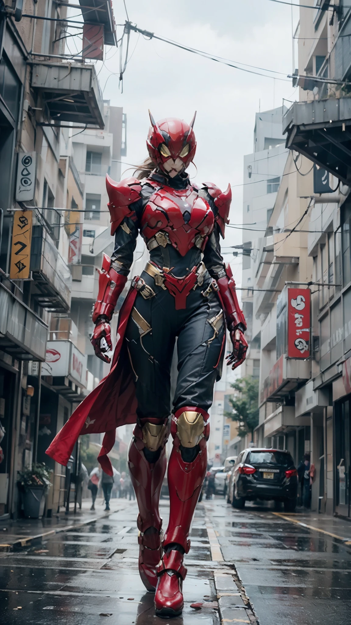 A woman adorned in fantasy-style full-body armor, a crown-concept fully enclosed helmet that unveils only her eyes, a composite layered chest plate, fully encompassing shoulder and hand guards, a lightweight waist armor, form-fitting shin guards, the overall design is heavy-duty yet flexible, ((the armor gleams with a golden glow, complemented by red and blue accents)), exhibiting a noble aura, she floats above a fantasy-surreal high-tech city, this character embodies a finely crafted fantasy-surreal style armored hero in anime style, exquisite and mature manga art style, (Queen bee mixed with Spider concept Armor, plasma, blood), ((Element, energy, elegant, goddess, femminine:1.5)), metallic, high definition, best quality, highres, ultra-detailed, ultra-fine painting, extremely delicate, professional, anatomically correct, symmetrical face, extremely detailed eyes and face, high quality eyes, creativity, RAW photo, UHD, 32k, Natural light, cinematic lighting, masterpiece-anatomy-perfect, masterpiece:1.5