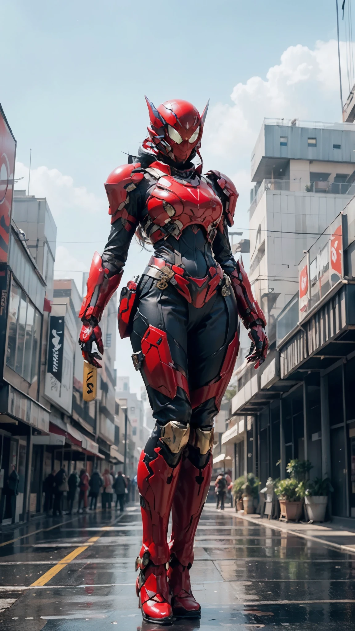 A woman adorned in fantasy-style full-body armor, a crown-concept fully enclosed helmet that unveils only her eyes, a composite layered chest plate, fully encompassing shoulder and hand guards, a lightweight waist armor, form-fitting shin guards, the overall design is heavy-duty yet flexible, ((the armor gleams with a golden glow, complemented by red and blue accents)), exhibiting a noble aura, she floats above a fantasy-surreal high-tech city, this character embodies a finely crafted fantasy-surreal style armored hero in anime style, exquisite and mature manga art style, (Queen bee mixed with Spider concept Armor, plasma, blood), ((Element, energy, elegant, goddess, femminine:1.5)), metallic, high definition, best quality, highres, ultra-detailed, ultra-fine painting, extremely delicate, professional, anatomically correct, symmetrical face, extremely detailed eyes and face, high quality eyes, creativity, RAW photo, UHD, 32k, Natural light, cinematic lighting, masterpiece-anatomy-perfect, masterpiece:1.5