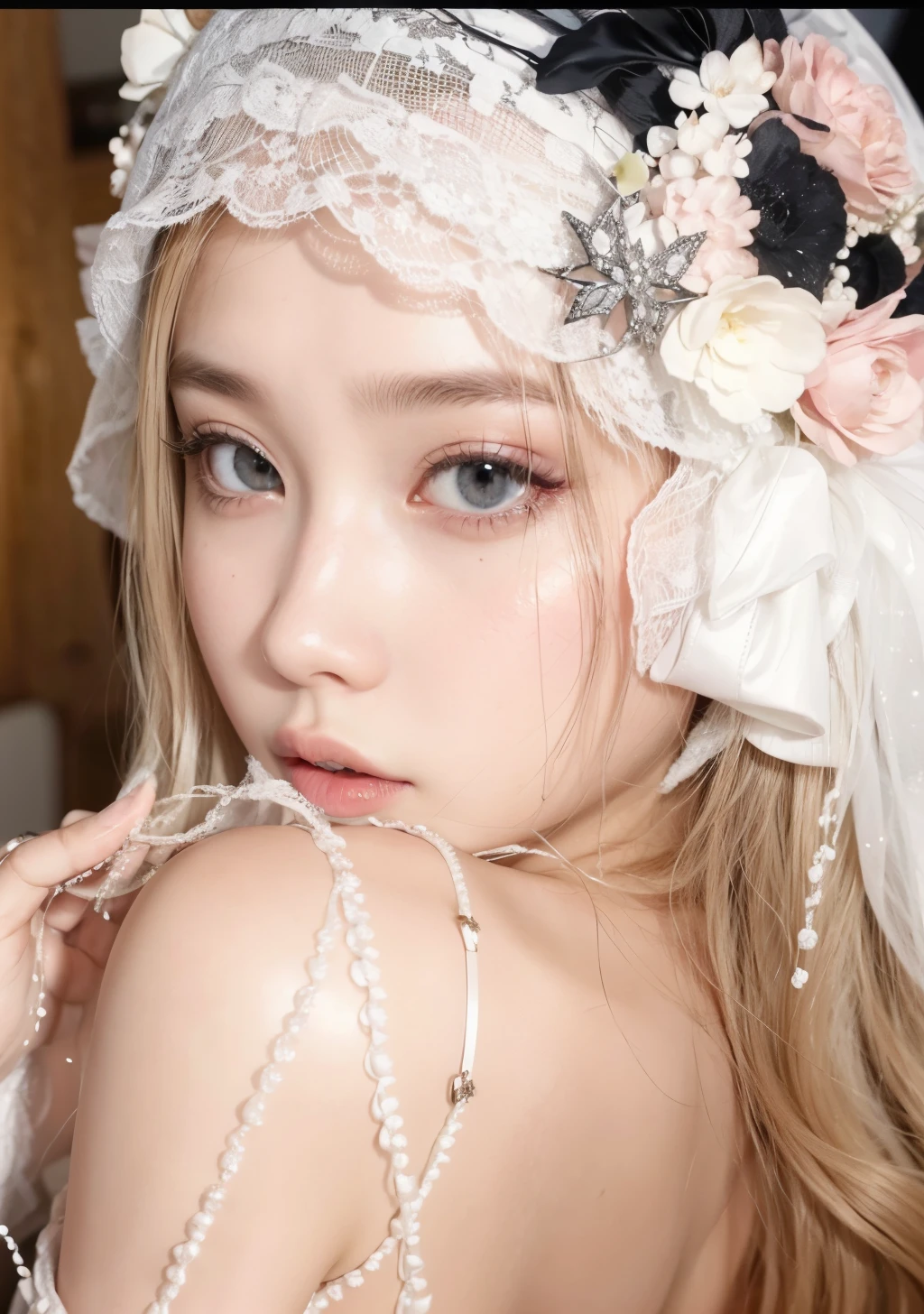 hay una mujer con un sombrero blanco y perlas en la cabeza, beautiful pale makeup, pale piel blanca de porcelana, retrato de jossi de blackpink, maquillaje popular de corea del sur, parque roseanne de blackpink, pale and light skin!!, ulzzang, fairy core, sakimichan, pale, snow-white skin, pale porcelain skin, piel blanca de porcelana, maquillaje coreano popular