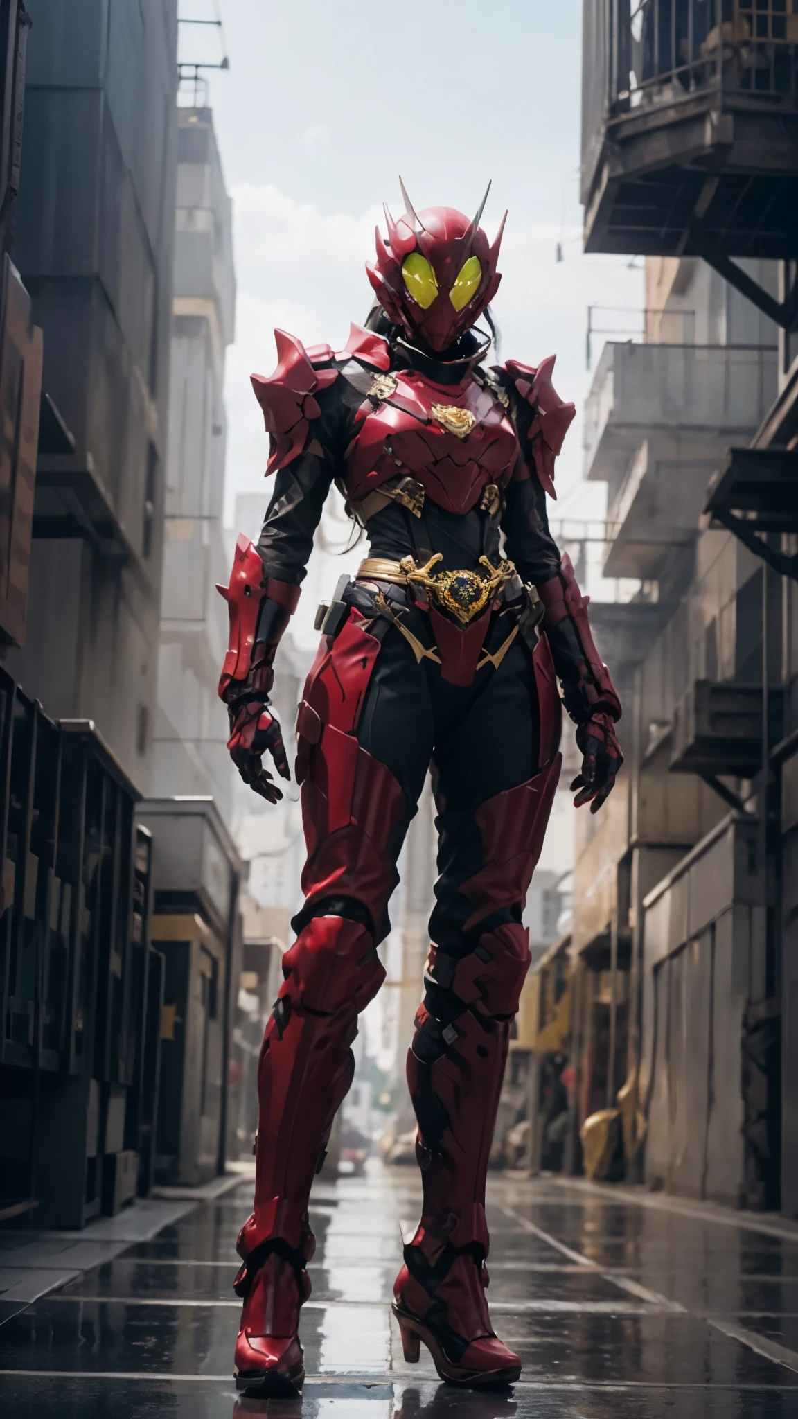 A woman adorned in fantasy-style full-body armor, a crown-concept fully enclosed helmet that unveils only her eyes, a composite layered chest plate, fully encompassing shoulder and hand guards, a lightweight waist armor, form-fitting shin guards, the overall design is heavy-duty yet flexible, ((the armor gleams with a golden glow, complemented by red and blue accents)), exhibiting a noble aura, she floats above a fantasy-surreal high-tech city, this character embodies a finely crafted fantasy-surreal style armored hero in anime style, exquisite and mature manga art style, (Queen bee mixed with Spider concept Armor, plasma, blood), ((Element, energy, elegant, goddess, femminine:1.5)), metallic, high definition, best quality, highres, ultra-detailed, ultra-fine painting, extremely delicate, professional, anatomically correct, symmetrical face, extremely detailed eyes and face, high quality eyes, creativity, RAW photo, UHD, 32k, Natural light, cinematic lighting, masterpiece-anatomy-perfect, masterpiece:1.5