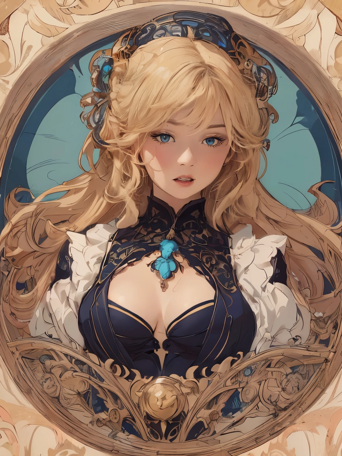 (high definition symmetrical poster art), angle from below, ((Art Nouveau portrait, female, round face, small breasts, complex designed decorations surrounding the breasts)), drooping eyes, blush, blond, braid,
