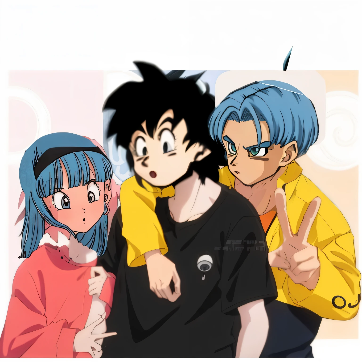 Three Dragon Ball characters posing for a photo, 1girl, 2men, beautiful girl with green hair, estilo Dragon Ball, corpo perfeito 