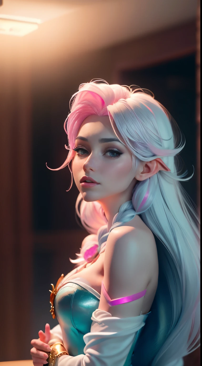 Elfgirl (rose quartz SU-Elsa frozen Disney  mezclando modelos .) (ultra FUSION of white and pink hair) Highly detailed CG unity 8k wallpaper, style shot, complex, high detail, dramatic, highest quality movie still image, very detailed, masterpiece, best quality, character design, Elsa, Elsa from Frozen,Fusion Pink Diamond (( Dark style)), realistic ultra-detailed rendering style, natural light, sharp character design, (hard focus, 8k), (((natural skin texture))), 8k textures, soft cinematic lighting, adobe lightroom, dark room, hdr, Sophisticated, Elegant, Rich Detail, Sharp Focuilm Look) )), Soothing Tones, Detail Frenzy, Intricate Detail, Super Detail, Low Contrast, Soft Film Lighting, Dull Colors, Exposure Blending, HDR, Fade, 35mm, f/1.4, ISO64, f16, 25 sec.