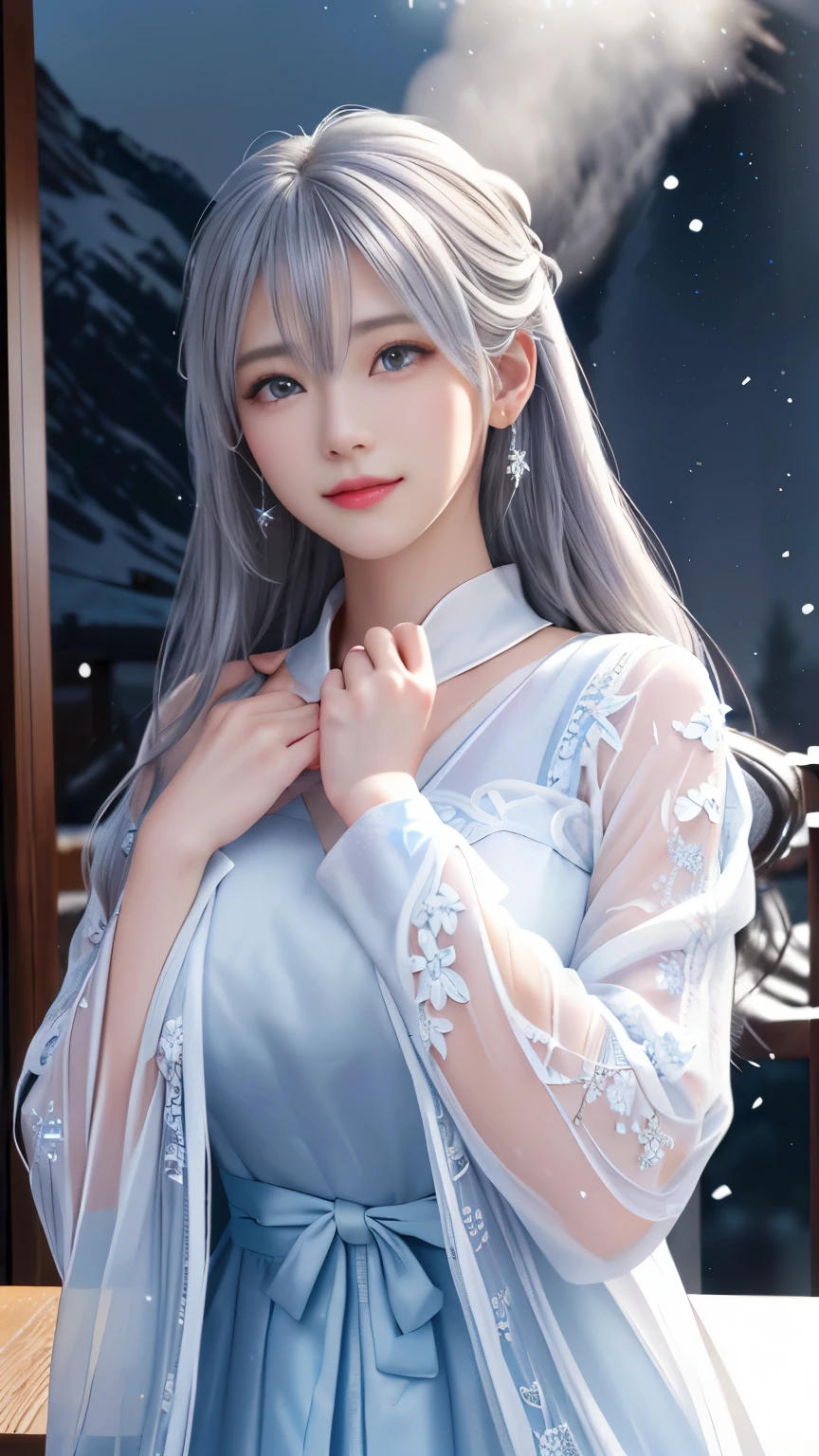((logo, masterpiece, 8k, table top, RAW photo, wonderful, 最high quality, Photorealistic and hvery detailed CG integrated 8k wallpaper, high quality, very detailed, Narrative poem, particle effects, dynamic effects, Depth of written boundary, cinematic light, Lens flare, ray tracing, anatomically accurate)), fantasy, 1 beautiful woman, silver hair, clear eyes, long hair, beautiful face, real face, 緻密でbeautiful eyes, beautiful skin, ((long hairがWindでなびく, long hairが跳ねる, long hairがWindで踊る)), hair jump, jewelry, beautiful eyes, white kimono, white obi, White cherry blossom embroidery pattern, silver earrings, Wind, snow mountainの中で, snow scene, snow mountain, snow makeup, 雪とhoarfrost, very cold winter day, snow-capped mountainや森, hoarfrost, snow-capped mountain々, The beauty and brilliance of frost-covered trees, The tranquility and beauty of a world of ice and snow