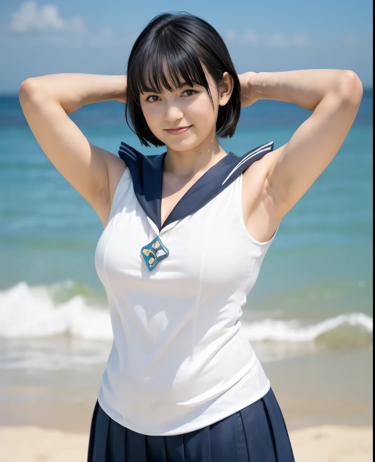 ((highest quality)), ((masterpiece)), ((realistic)), (sailor_mercury:1.2), On a date on the beach in midsummer,(Chubby:1.2), thick body, smile, (thick muscles:1.1), Stretching,Japanese,armpit