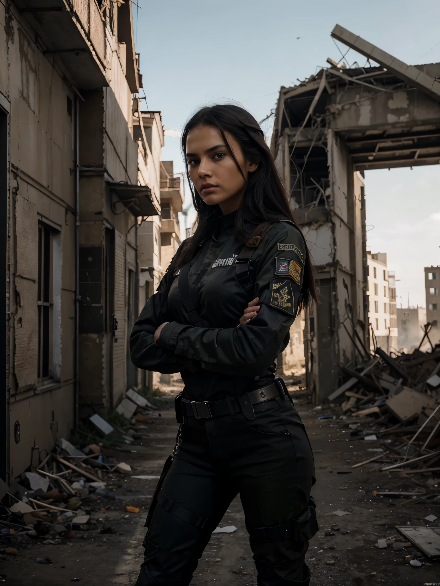 8k, RAW photo, best quality, ultra high resolution, photorealistic, realistic photo of skinny brunette girlsoldier, (skinny brunette girl, tanned skin, slim face, black hair), (full body picture), photo from the side, (in the apocalyptic city), apocalypse, city ruins, wearing military gear, wearing city military camouflage, holding riffle, looking at viewer, danger, dangerous face, angry face, (extremely detailed CG unity 8k wallpaper), Sharp focus, (bright light)