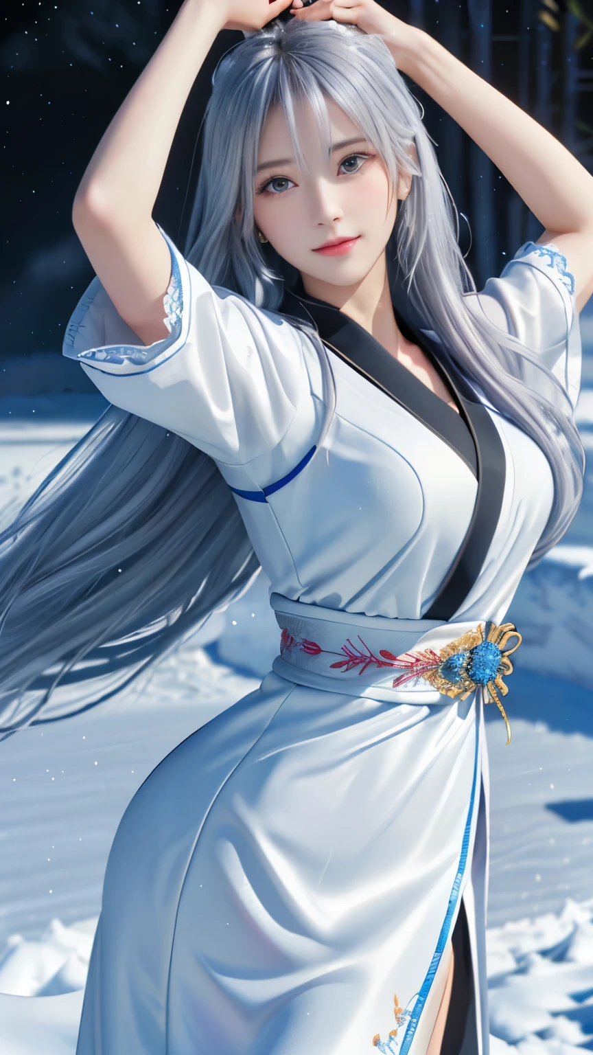 ((logo, masterpiece, 8k, table top, RAW photo, wonderful, 最high quality, Photorealistic and hvery detailed CG integrated 8k wallpaper, high quality, very detailed, Narrative poem, particle effects, dynamic effects, Depth of written boundary, cinematic light, Lens flare, ray tracing, anatomically accurate)), fantasy, 1 beautiful woman, silver hair, clear eyes, long hair, beautiful face, real face, 緻密でbeautiful eyes, beautiful skin, ((dancing woman, 優雅にdancing woman,  snow sceneの中でdancing woman, 激しくdancing woman)), ((long hairがWindでなびく, long hairが跳ねる, long hairがWindで踊る)), hair jump, jewelry, beautiful eyes, white kimono, white obi, White cherry blossom embroidery pattern, silver earrings, Wind, snow mountainの中で, snow scene, snow mountain, snow makeup, 雪とhoarfrost, snow-capped mountainや森, hoarfrost, snow-capped mountain々, The beauty and brilliance of frost-covered trees, The tranquility and beauty of a world of ice and snow