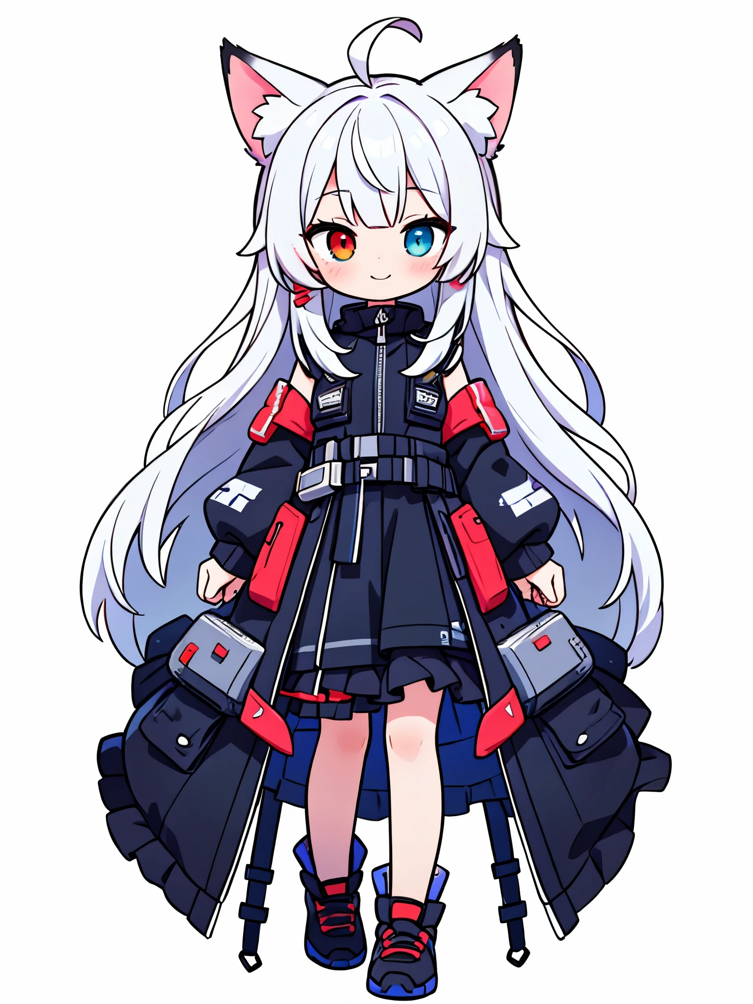 full body,best quality, anime illustration ,masterpiece,solo,1girl,looking at viewer,upright,arms at side,concept art,white background,simple background,ears like lynx,white hair,lightblue gradiient hair,ahoge,Hair ornament,M-shaped bang,intake hair,long hair,heterochromia(right red eye,left white eye),beautiful detailed eyes,ultra-detailed,disheveled hair,,complex cloth,virtual youtuber,Cyberpunk camouflage clothing,smile