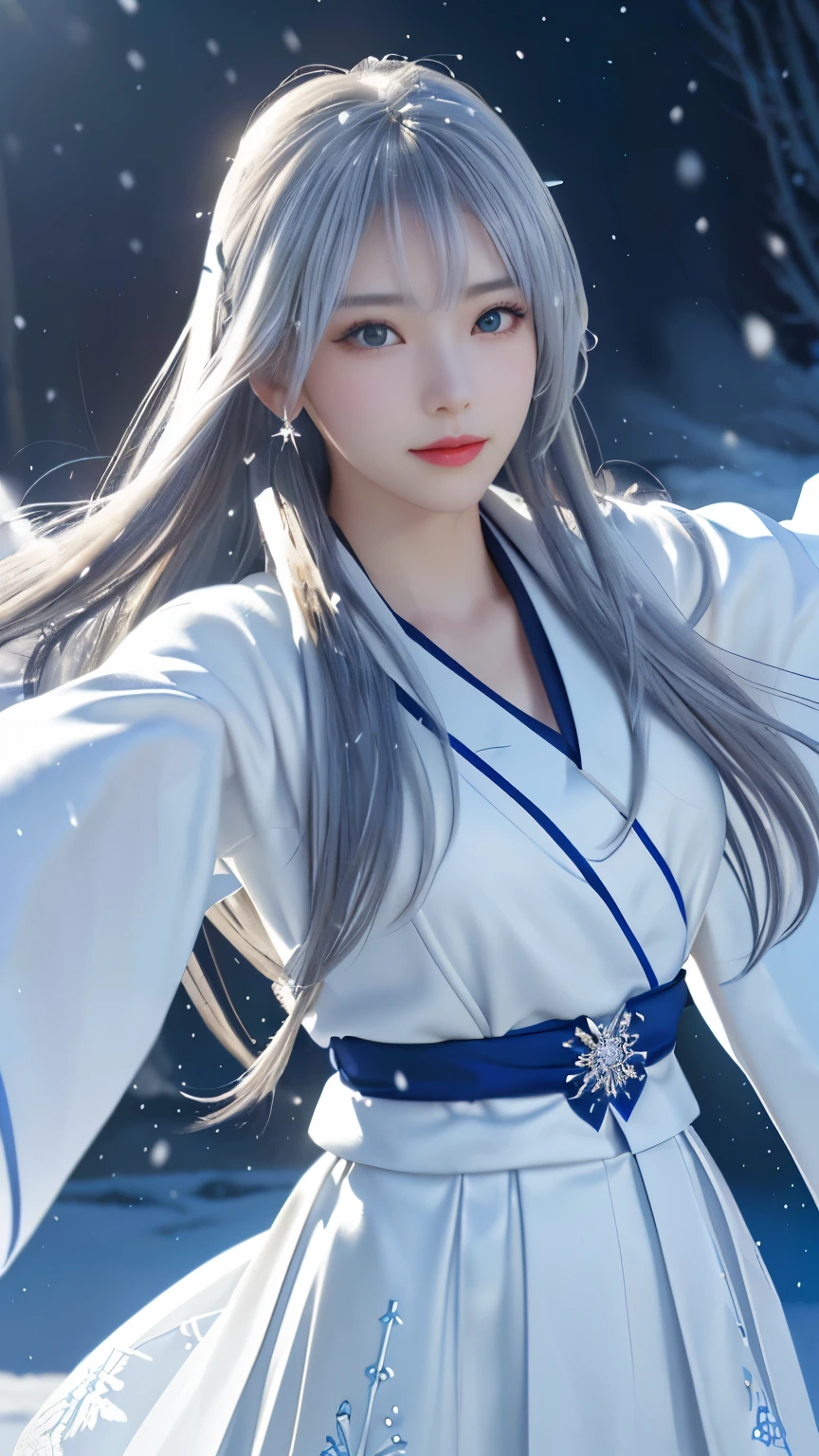 ((logo, masterpiece, 8k, table top, RAW photo, wonderful, 最high quality, Photorealistic and hvery detailed CG integrated 8k wallpaper, high quality, very detailed, Narrative poem, particle effects, dynamic effects, Depth of written boundary, cinematic light, Lens flare, ray tracing, anatomically accurate)), fantasy, 1 beautiful woman, silver hair, clear eyes, long hair, beautiful face, real face, 緻密でbeautiful eyes, beautiful skin, ((dancing woman, 優雅にdancing woman, snow sceneの中でdancing woman, 激しくdancing woman)), ((long hairがWindでなびく, long hairが跳ねる, long hairがWindで踊る)), hair jump, jewelry, beautiful eyes, white kimono, white obi, White cherry blossom embroidery pattern, silver earrings, Wind, snow mountainの中で, snow scene, snow mountain, snow makeup, 雪とhoarfrost, snow-capped mountainや森, hoarfrost, snow-capped mountain々, The beauty and brilliance of frost-covered trees, The tranquility and beauty of a world of ice and snow