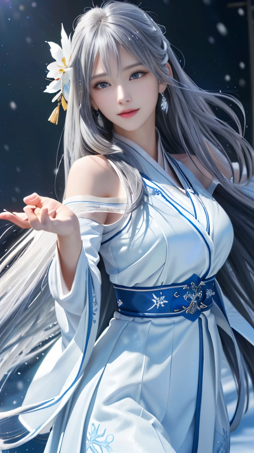 ((logo, masterpiece, 8k, table top, RAW photo, wonderful, 最high quality, Photorealistic and hvery detailed CG integrated 8k wallpaper, high quality, very detailed, Narrative poem, particle effects, dynamic effects, Depth of written boundary, cinematic light, Lens flare, ray tracing, anatomically accurate)), fantasy, 1 beautiful woman, silver hair, clear eyes, long hair, beautiful face, real face, 緻密でbeautiful eyes, beautiful skin, ((dancing woman, 優雅にdancing woman, snow sceneの中でdancing woman, 激しくdancing woman)), ((long hairがWindでなびく, long hairが跳ねる, long hairがWindで踊る)), hair jump, jewelry, beautiful eyes, white kimono, white obi, White cherry blossom embroidery pattern, silver earrings, Wind, snow mountainの中で, snow scene, snow mountain, snow makeup, 雪とhoarfrost, snow-capped mountainや森, hoarfrost, snow-capped mountain々, The beauty and brilliance of frost-covered trees, The tranquility and beauty of a world of ice and snow