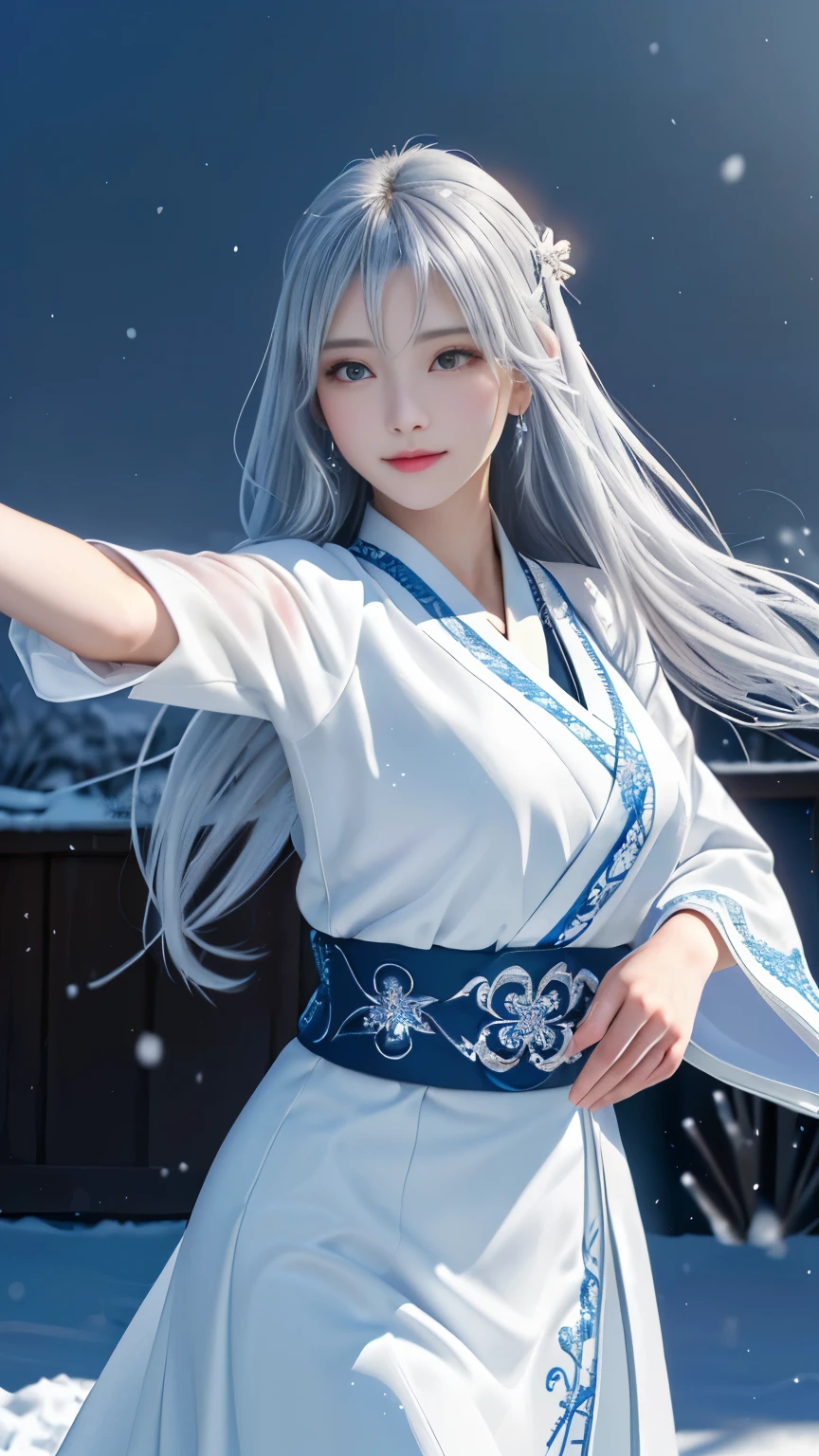 ((logo, masterpiece, 8k, table top, RAW photo, wonderful, 最high quality, Photorealistic and hvery detailed CG integrated 8k wallpaper, high quality, very detailed, Narrative poem, particle effects, dynamic effects, Depth of written boundary, cinematic light, Lens flare, ray tracing, anatomically accurate)), fantasy, 1 beautiful woman, silver hair, clear eyes, long hair, beautiful face, real face, 緻密でbeautiful eyes, beautiful skin, ((dancing woman, 優雅にdancing woman, snow sceneの中でdancing woman, 激しくdancing woman)), ((long hairがWindでなびく, long hairが跳ねる, long hairがWindで踊る)), hair jump, jewelry, beautiful eyes, white kimono, white obi, White cherry blossom embroidery pattern, silver earrings, Wind, snow mountainの中で, snow scene, snow mountain, snow makeup, 雪とhoarfrost, snow-capped mountainや森, hoarfrost, snow-capped mountain々, The beauty and brilliance of frost-covered trees, The tranquility and beauty of a world of ice and snow