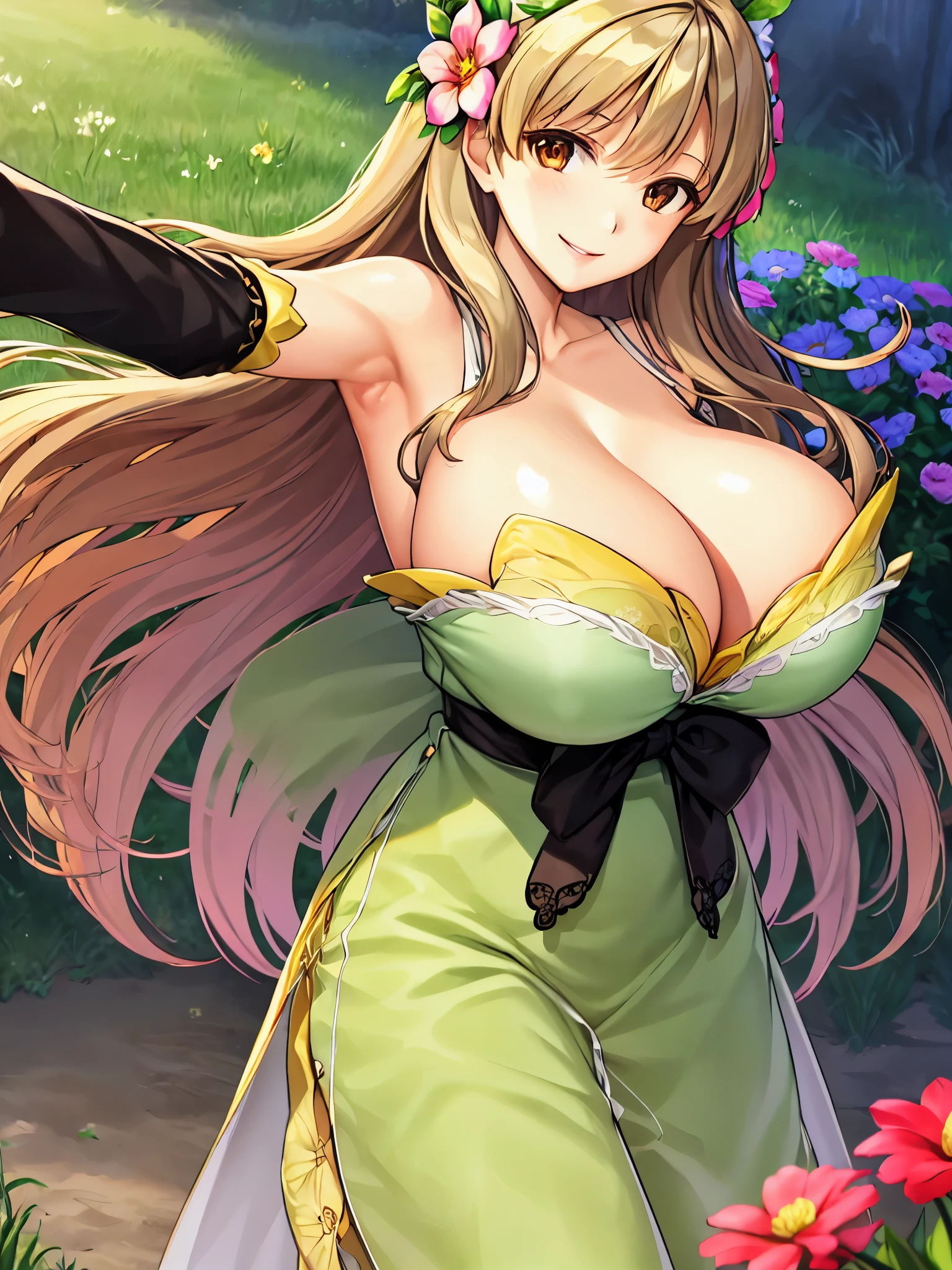 Show your armpitasterpiece), (1 girl), (smile), (huge breasts:1.2), (close up of chest), (long hair), (outstretched arm), (looking at the viewer), (From before), (hair flower), (flower garden), (Pasture)