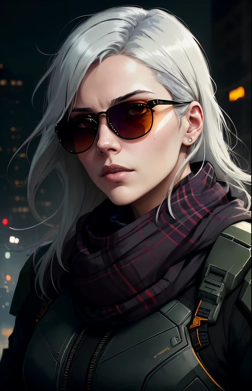 (dark shot:1.1), epic realistic, portrait of halo, sunglasses, blue eyes, tartan scarf, white hair by atey ghailan, by greg rutkowski, by greg tocchini, by james gilleard, by joe fenton, by kaethe butcher, gradient yellow, black, brown and magenta color scheme, grunge aesthetic!!! graffiti tag wall background, art by greg rutkowski and artgerm, soft cinematic light, adobe lightroom, photolab, hdr, intricate, highly detailed, (depth of field:1.4), faded, (neutral colors:1.2), (hdr:1.4), (muted colors:1.2), hyperdetailed, (artstation:1.4), cinematic, warm lights, dramatic light, (intricate details:1.1), complex background, (rutkowski:0.66), (teal and orange:0.4) selfie