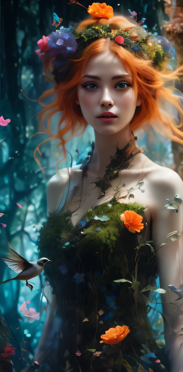 Aya goddess of nature by DKCW, there is a woman with orange hair and a flower crown on her head, beautiful digital artwork, fantasy art, gorgeous, mystic, photography, (masterpiece, best quality, high res), detailed, realistic, UHD, 8k