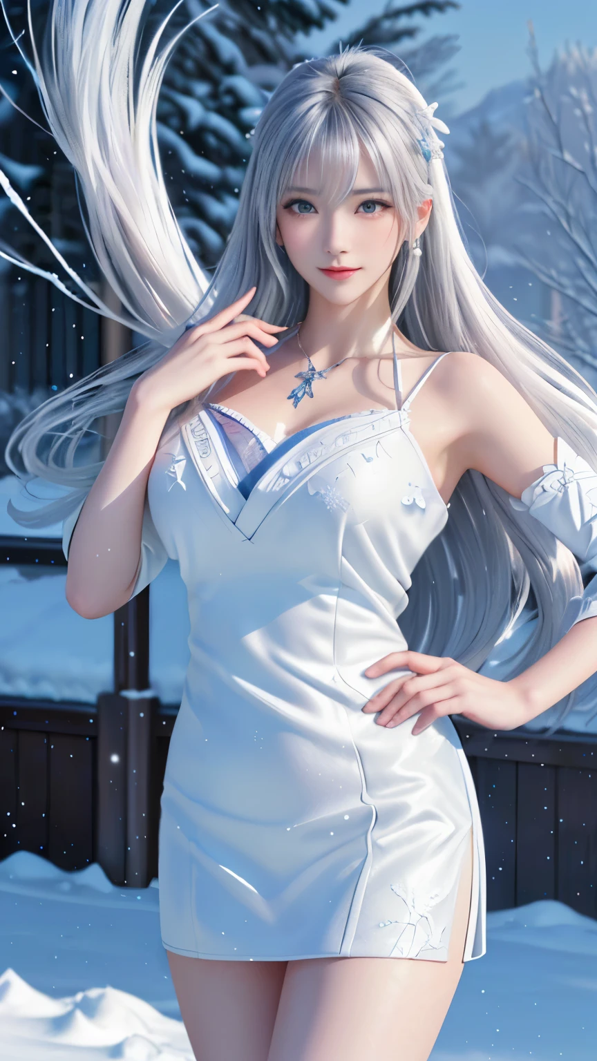((logo, masterpiece, 8k, table top, RAW photo, wonderful, 最high quality, Photorealistic and hvery detailed CG integrated 8k wallpaper, high quality, very detailed, Narrative poem, particle effects, dynamic effects, Depth of written boundary, cinematic light, Lens flare, ray tracing, anatomically accurate)), fantasy, 1 beautiful woman, silver hair, clear eyes, long hair, beautiful face, real face, 緻密でbeautiful eyes, beautiful skin, ((dancing woman, 優雅にdancing woman, snow sceneの中でdancing woman, 激しくdancing woman)), ((long hairがWindでなびく, long hairが跳ねる, long hairがWindで踊る)), hair jump, jewelry, beautiful eyes, white kimono, white obi, White cherry blossom embroidery pattern, silver earrings, Wind, snow mountainの中で, snow scene, snow mountain, snow makeup, 雪とhoarfrost, snow-capped mountainや森, hoarfrost, snow-capped mountain々, The beauty and brilliance of frost-covered trees, The tranquility and beauty of a world of ice and snow