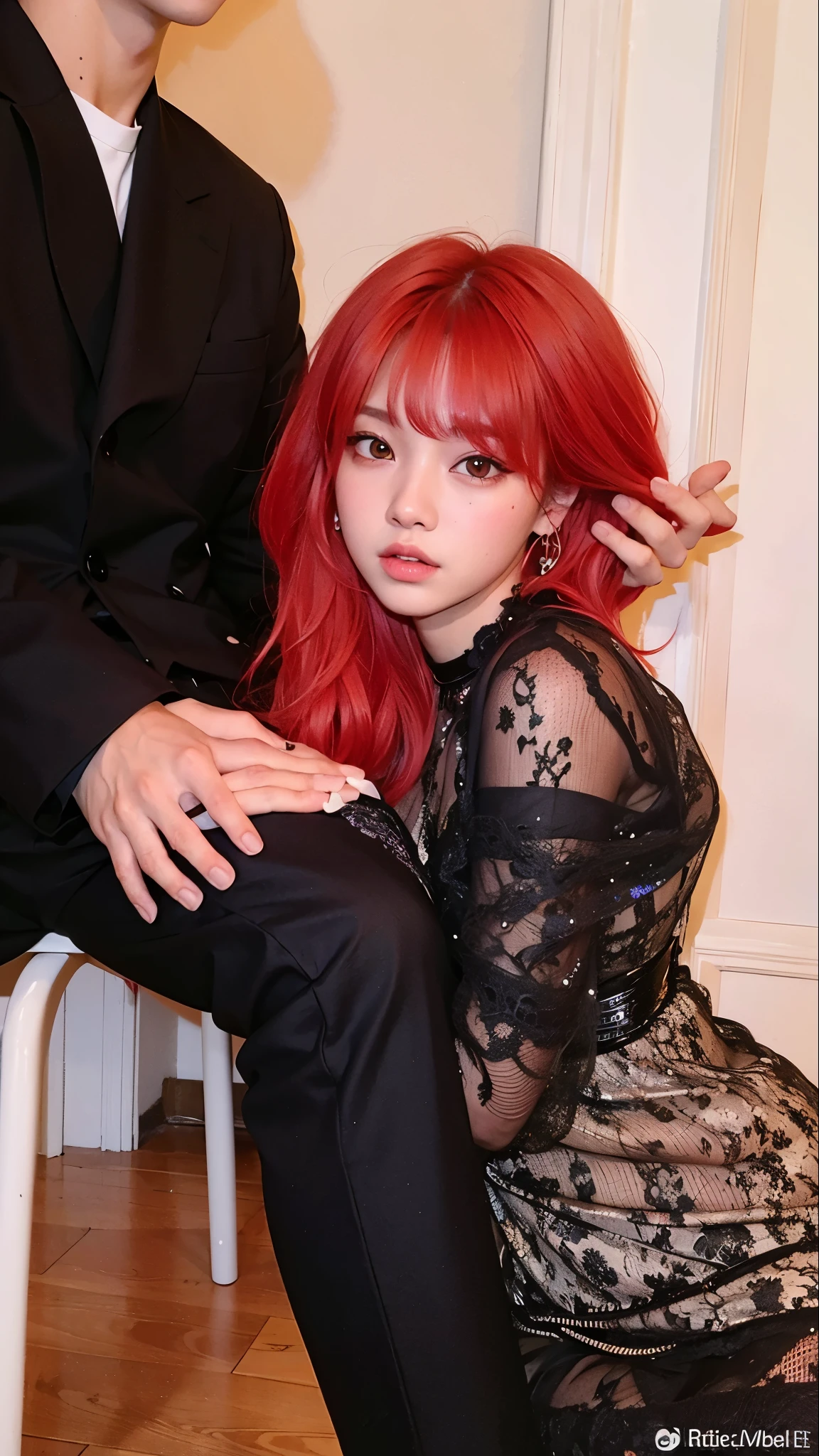 araffed woman Con cabello rojo sitting on a chair next to a man, portrait of jossi de blackpink, jossi de blackpink, Lalisa Manobal, bella delfina, Lalisa Manoban de Blackpink, sun yunjoo, con pelo rojo rizado, Con cabello rojo, parque roseanne de blackpink, retrato de jisoo blackpink, jisoo de blackpink