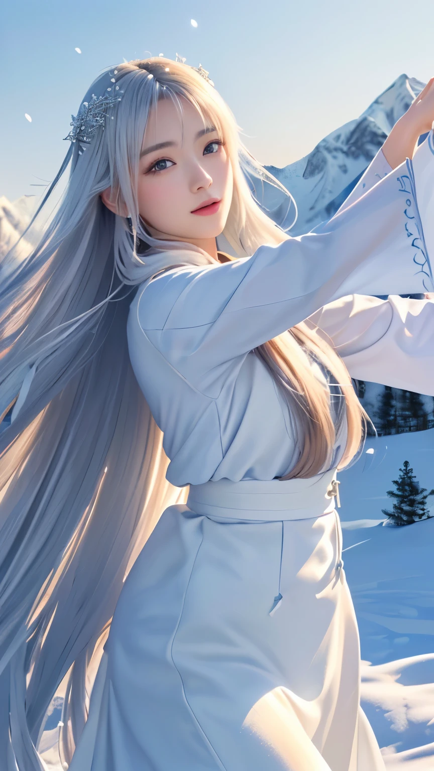 ((logo, masterpiece, 8k, table top, RAW photo, wonderful, 最high quality, Photorealistic and hvery detailed CG integrated 8k wallpaper, high quality, very detailed, Narrative poem, particle effects, dynamic effects, Depth of written boundary, cinematic light, Lens flare, ray tracing, anatomically accurate)), fantasy, 1 beautiful woman, silver hair, clear eyes, long hair, beautiful face, real face, 緻密でbeautiful eyes, beautiful skin, ((dancing woman, 優雅にdancing woman, snow sceneの中でdancing woman, 激しくdancing woman)), ((long hairがWindでなびく, long hairが跳ねる, long hairがWindで踊る)), hair jump, jewelry, beautiful eyes, white kimono, white obi, White cherry blossom embroidery pattern, silver earrings, Wind, snow mountainの中で, snow scene, snow mountain, snow makeup, 雪とhoarfrost, snow-capped mountainや森, hoarfrost, snow-capped mountain々, The beauty and brilliance of frost-covered trees, The tranquility and beauty of a world of ice and snow