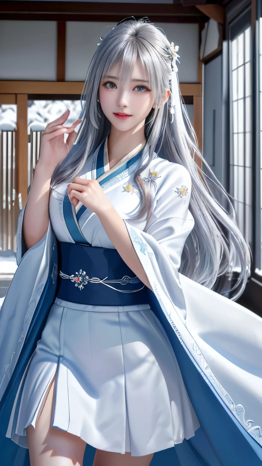 ((logo, masterpiece, 8k, table top, RAW photo, wonderful, 最high quality, Photorealistic and hvery detailed CG integrated 8k wallpaper, high quality, very detailed, Narrative poem, particle effects, dynamic effects, Depth of written boundary, cinematic light, Lens flare, ray tracing, anatomically accurate)), fantasy, 1 beautiful woman, silver hair, clear eyes, long hair, beautiful face, real face, 緻密でbeautiful eyes, beautiful skin, ((dancing woman, 優雅にdancing woman, snow sceneの中でdancing woman, 激しくdancing woman)), ((long hairがWindでなびく, long hairが跳ねる, long hairがWindで踊る)), hair jump, jewelry, beautiful eyes, white kimono, white obi, White cherry blossom embroidery pattern, silver earrings, Wind, snow mountainの中で, snow scene, snow mountain, snow makeup, 雪とhoarfrost, snow-capped mountainや森, hoarfrost, snow-capped mountain々, The beauty and brilliance of frost-covered trees, The tranquility and beauty of a world of ice and snow