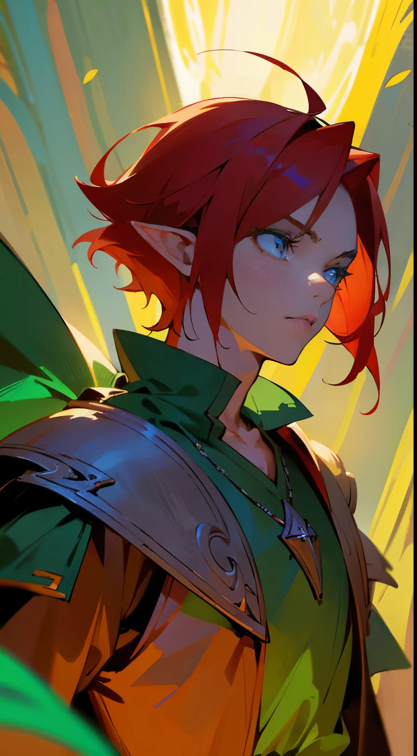 In the realm of high definition and best resolution, there exists an enchanting portrait of a man, whose vibrant red hair contrasts beautifully with his green shirt. This captivating image is reminiscent of a cinematic portrait, evoking the essence of an adventurous hero. The male half elf, with his elven features and youthful charm, stands proudly before us in this professional and symmetrically composed piece.

For those who delve in the world of role-playing games, such as Dungeons and Dragons, the epic elegance of this portrait will resonate deeply. The portrait of a young half elf wizard, conjuring magical energies, complements the scene, adding a
