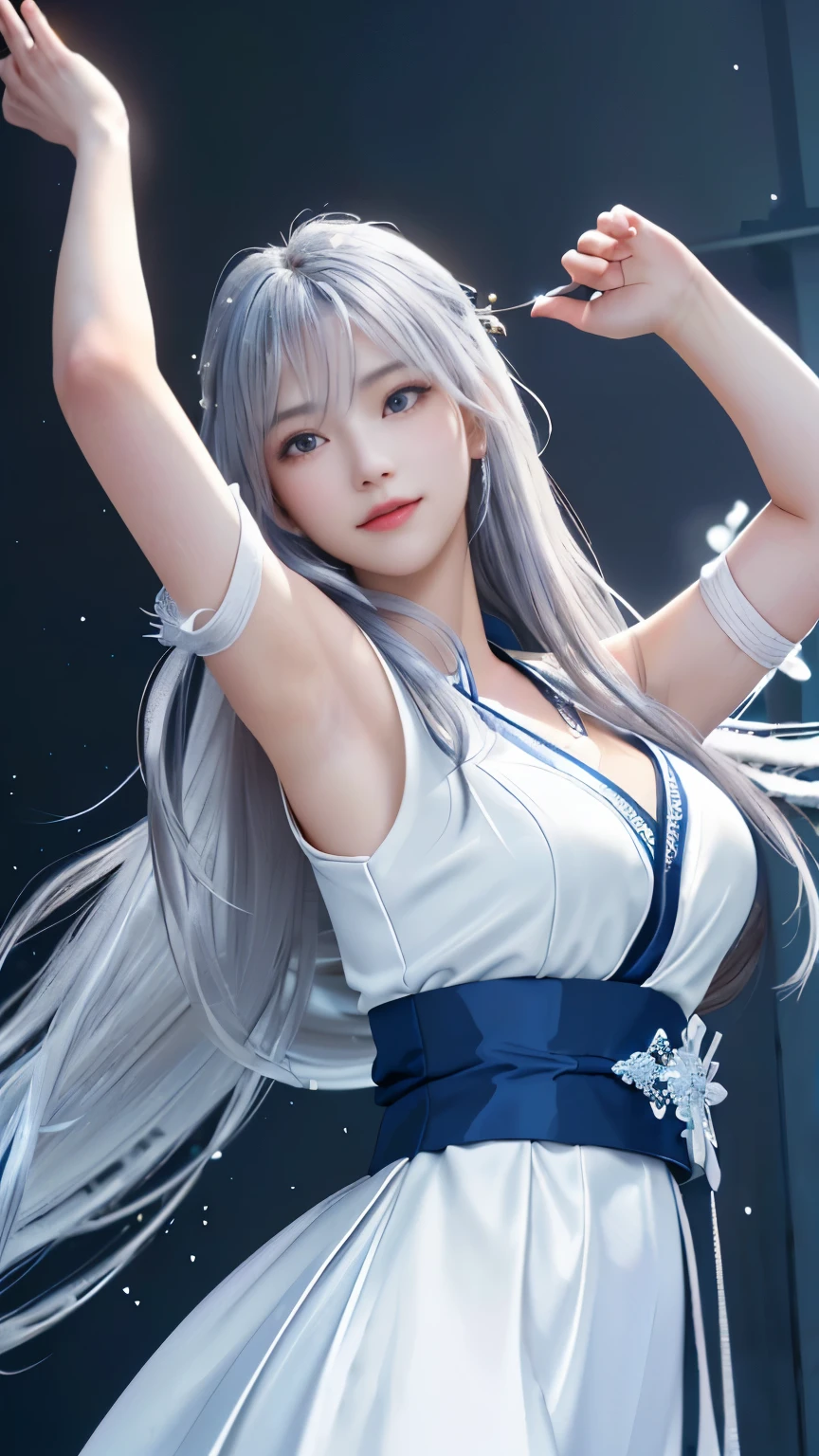((logo, masterpiece, 8k, table top, RAW photo, wonderful, 最high quality, Photorealistic and hvery detailed CG integrated 8k wallpaper, high quality, very detailed, Narrative poem, particle effects, dynamic effects, Depth of written boundary, cinematic light, Lens flare, ray tracing, anatomically accurate)), fantasy, 1 beautiful woman, silver hair, clear eyes, long hair, beautiful face, real face, 緻密でbeautiful eyes, beautiful skin, ((dancing woman, 優雅にdancing woman,  snow sceneの中でdancing woman, 激しくdancing woman)), ((long hairがWindでなびく, long hairが跳ねる, long hairがWindで踊る)), hair jump, jewelry, beautiful eyes, white kimono, white obi, White cherry blossom embroidery pattern, silver earrings, Wind, snow mountainの中で, snow scene, snow mountain, snow makeup, 雪とhoarfrost, snow-capped mountainや森, hoarfrost, snow-capped mountain々, The beauty and brilliance of frost-covered trees, The tranquility and beauty of a world of ice and snow