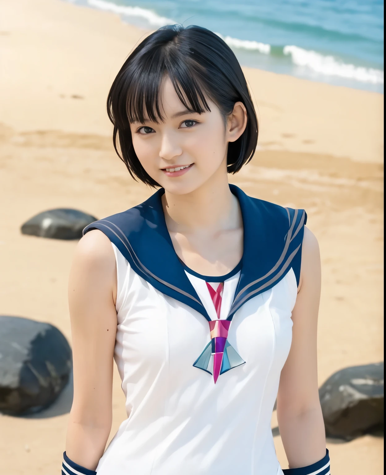 (highest quality:1.2),(perfect beautiful face:1.2),(perfect and beautiful posture:1.2),(japanese woman:1.1),short cut hair, On the beach in midsummer, smile, big breasts, thick muscular body,Ultra-high precision photos,clear eyes, ((sailor_mercury
:1.3)),close up of chest