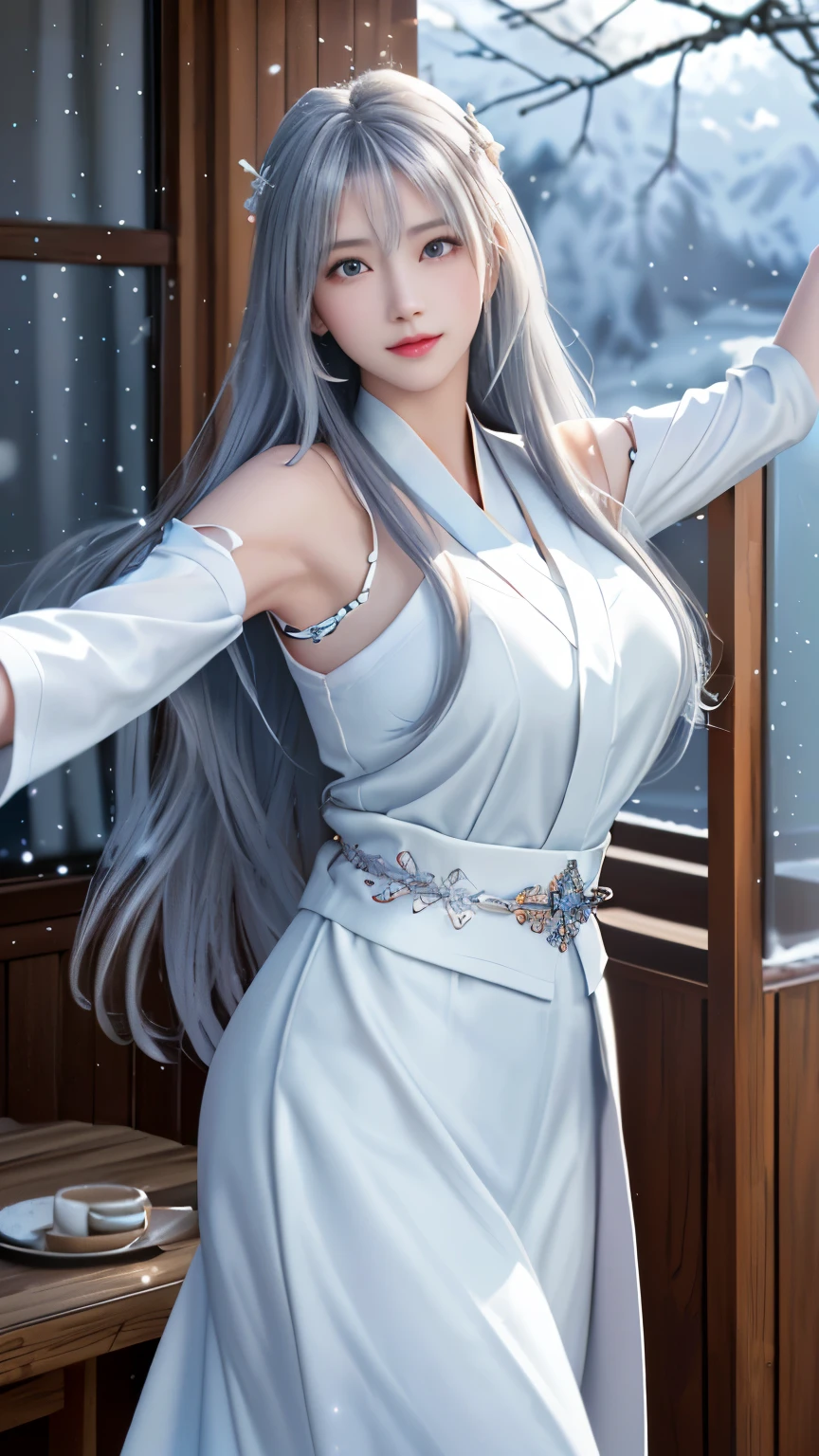 ((logo, masterpiece, 8k, table top, RAW photo, wonderful, 最high quality, Photorealistic and hvery detailed CG integrated 8k wallpaper, high quality, very detailed, Narrative poem, particle effects, dynamic effects, Depth of written boundary, cinematic light, Lens flare, ray tracing, anatomically accurate)), fantasy, 1 beautiful woman, silver hair, clear eyes, long hair, beautiful face, real face, 緻密でbeautiful eyes, beautiful skin, ((dancing woman, 優雅にdancing woman, snow sceneの中でdancing woman, 激しくdancing woman)), ((long hairがWindでなびく, long hairが跳ねる, long hairがWindで踊る)), hair jump, jewelry, beautiful eyes, white kimono, white obi, White cherry blossom embroidery pattern, silver earrings, Wind, snow mountainの中で, snow scene, snow mountain, snow makeup, 雪とhoarfrost, snow-capped mountainや森, hoarfrost, snow-capped mountain々, The beauty and brilliance of frost-covered trees, The tranquility and beauty of a world of ice and snow