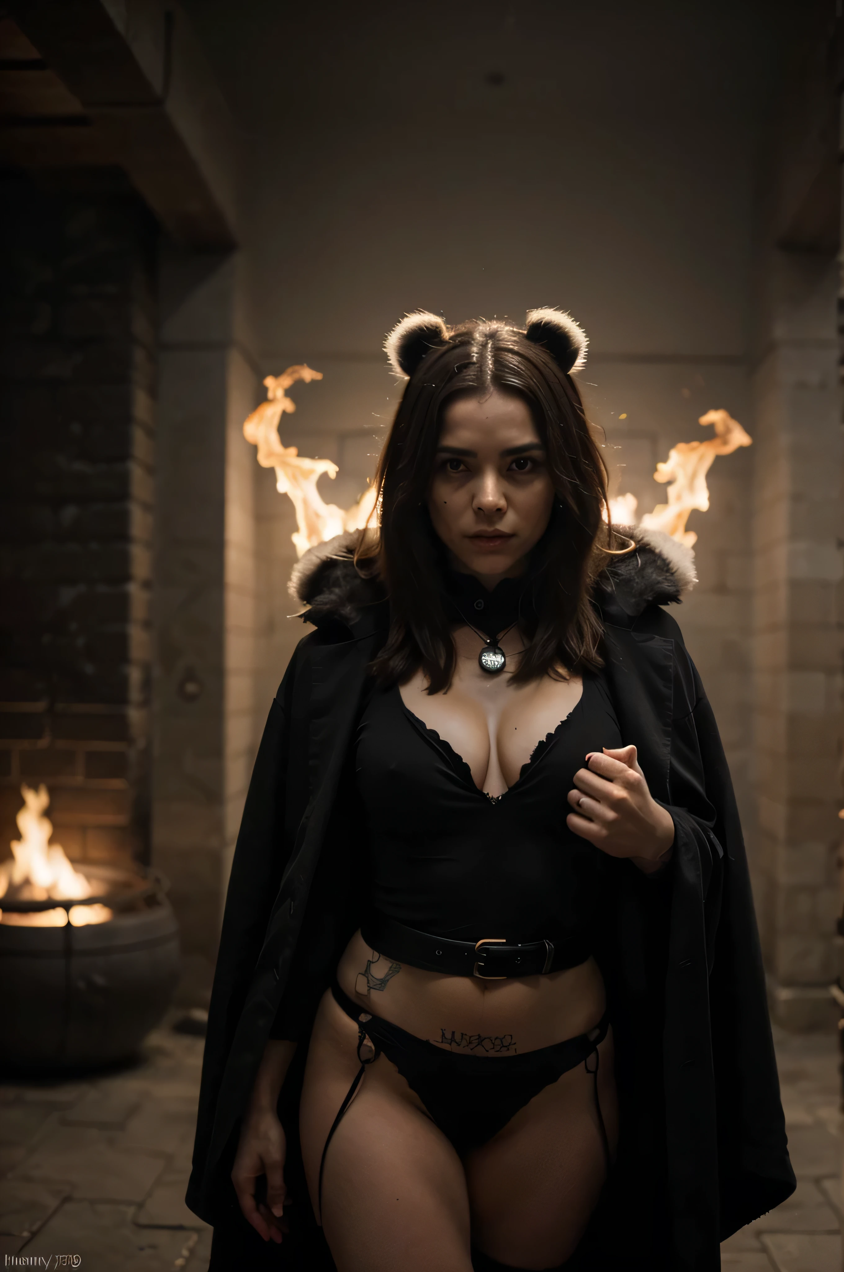 A portrait of a panda in a hyper-detailed style similar to a dementor from Harry Potter and a rogue character from d&d, pelirrojo, with a reflective expression (Agradable: 1.3). Full body conjuring magical energy., cinematic shot on ultra-realistic skin with a Canon 5d. Artistas: Fabian Perez, Henry Asencio, Jeremy Mann y Marc Simonetti. Magical fantasy with horror atmosphere. (entorno muy detallado: 1.3). (Respirando fuego, las llamas).