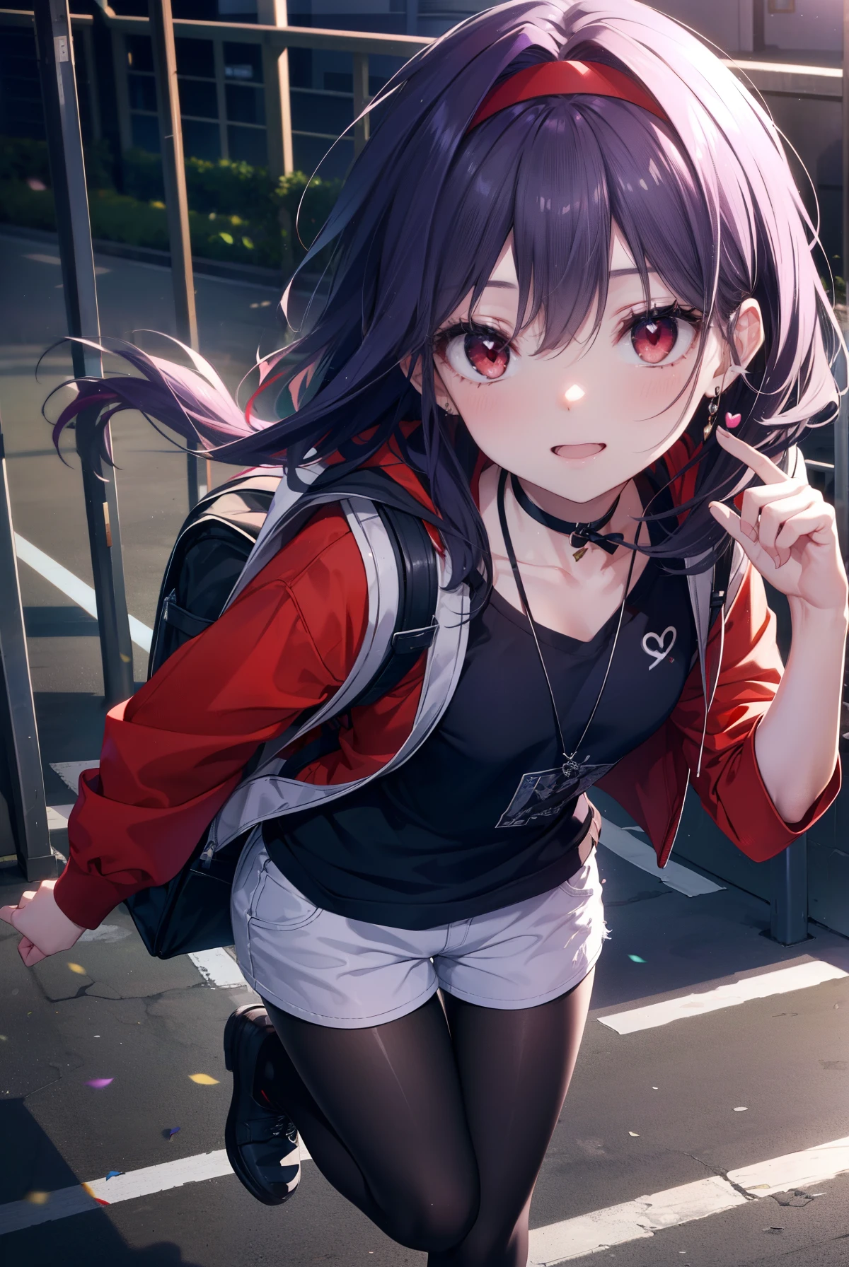 yuukikonno, Yuki Konno, hair band, long hair, pointed ears, purple hair, (red eyes:1.5), (small breasts:1.2), open your mouth,smile,purple hoodie wearing a hood,black t-shirt,heart shaped necklace,white pantyhose,shorts,short boots,school gate,walking,Small rucksack,morning,morning日,
break looking at viewer, Upper body, whole body,
break outdoors, University,
break (masterpiece:1.2), highest quality, High resolution, unity 8k wallpaper, (figure:0.8), (detailed and beautiful eyes:1.6), highly detailed face, perfect lighting, Very detailed CG, (perfect hands, perfect anatomy),