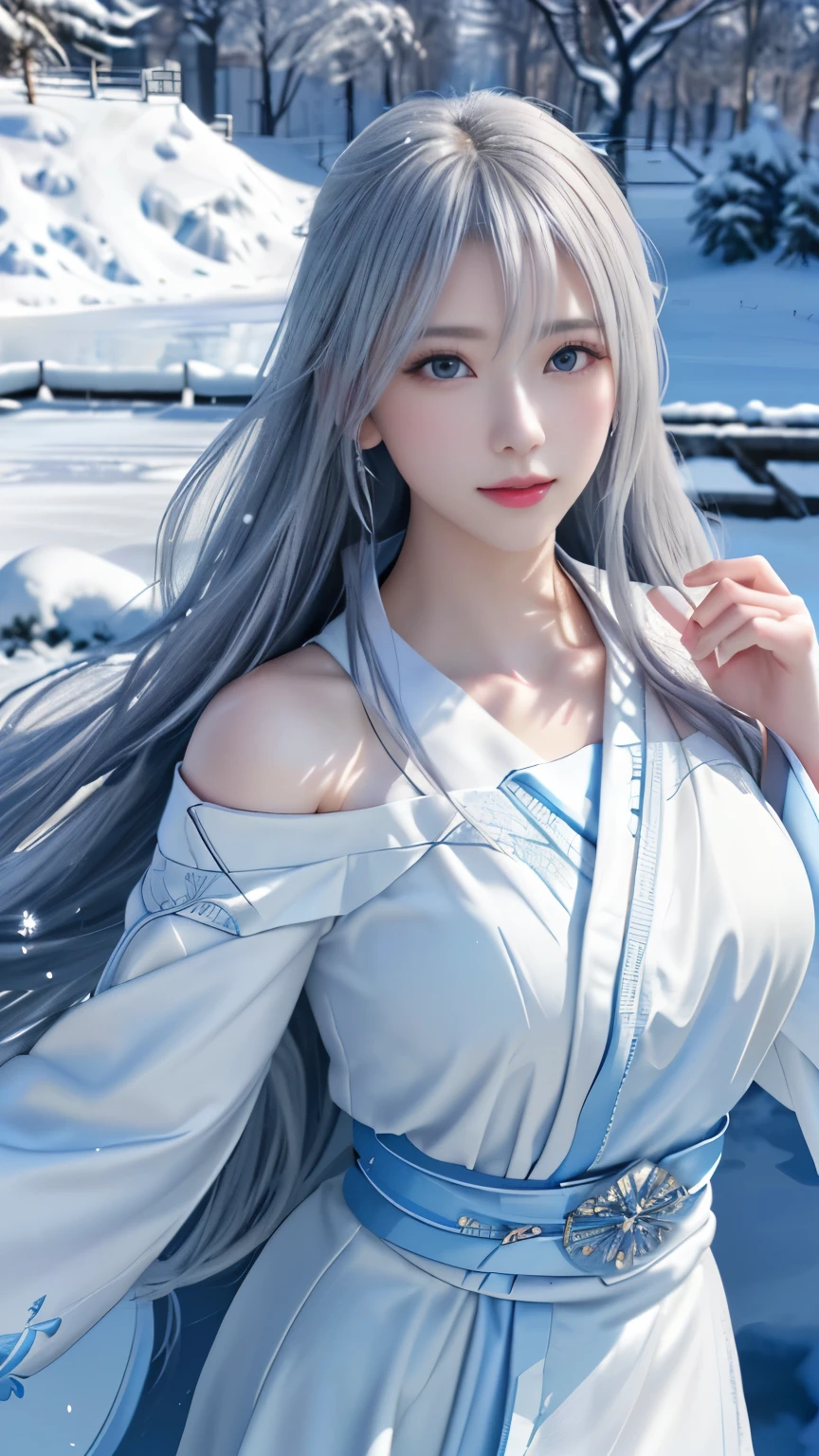 ((logo, masterpiece, 8k, table top, RAW photo, wonderful, 最high quality, Photorealistic and hvery detailed CG integrated 8k wallpaper, high quality, very detailed, Narrative poem, particle effects, dynamic effects, Depth of written boundary, cinematic light, Lens flare, ray tracing, anatomically accurate)), fantasy, 1 beautiful woman, silver hair, clear eyes, long hair, beautiful face, real face, 緻密でbeautiful eyes, beautiful skin, ((dancing woman, 優雅にdancing woman,  snow sceneの中でdancing woman, 激しくdancing woman)), ((long hairがWindでなびく, long hairが跳ねる, long hairがWindで踊る)), hair jump, jewelry, beautiful eyes, white kimono, white obi, White cherry blossom embroidery pattern, silver earrings, Wind, snow mountainの中で, snow scene, snow mountain, snow makeup, 雪とhoarfrost, snow-capped mountainや森, hoarfrost, snow-capped mountain々, The beauty and brilliance of frost-covered trees, The tranquility and beauty of a world of ice and snow