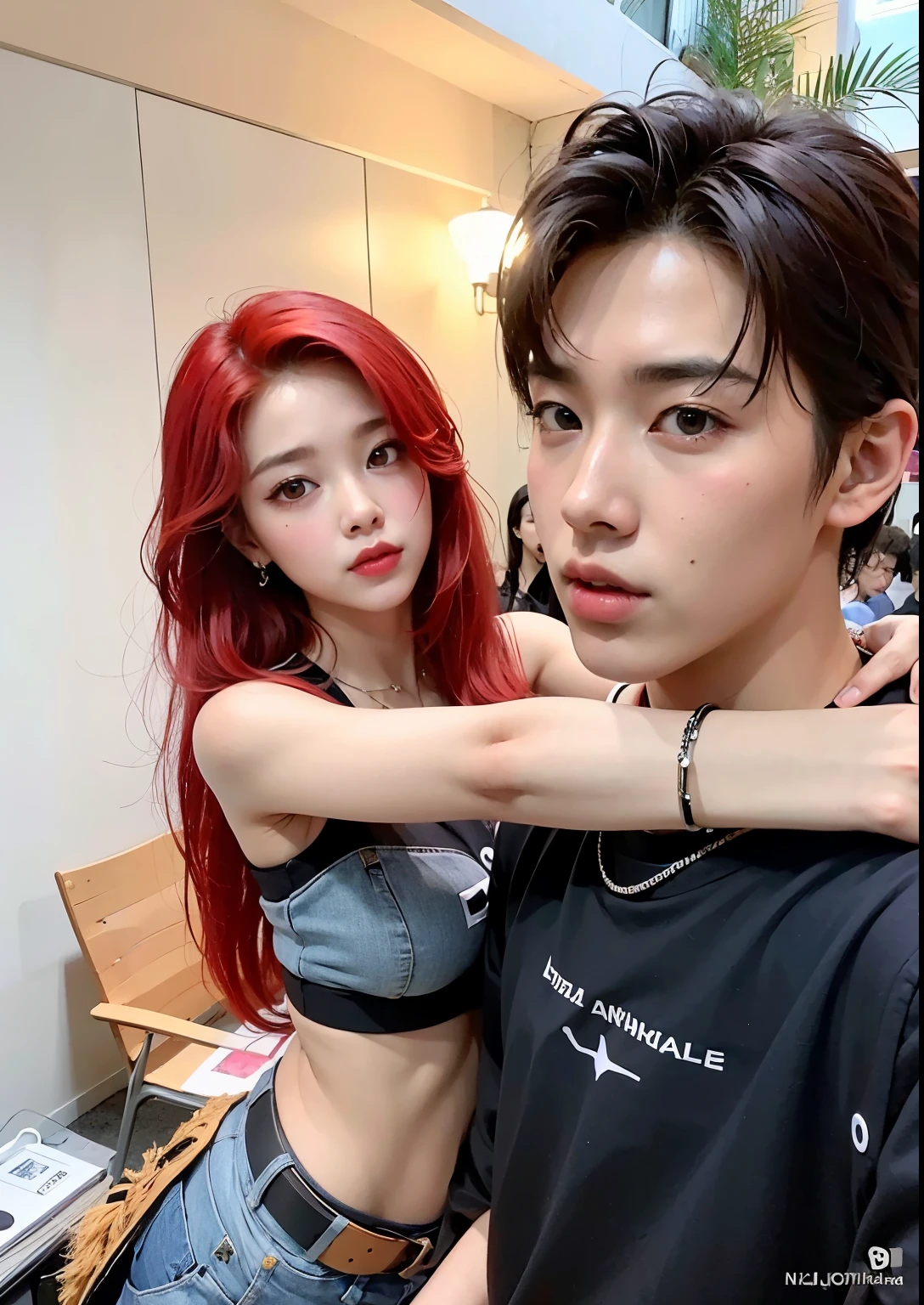 hay un hombre y una mujer posando para una foto, cai xukun, con el pelo largo y rojo, Con cabello rojo, kim taejin, ella tiene el pelo largo y renaranjado, nixeu y sakimichan, jia, kim doyoung, ulzzang, 😭🤮 💔, dyed red hair, jossi de blackpink, jinyoung shin, con pelo rojo rizado