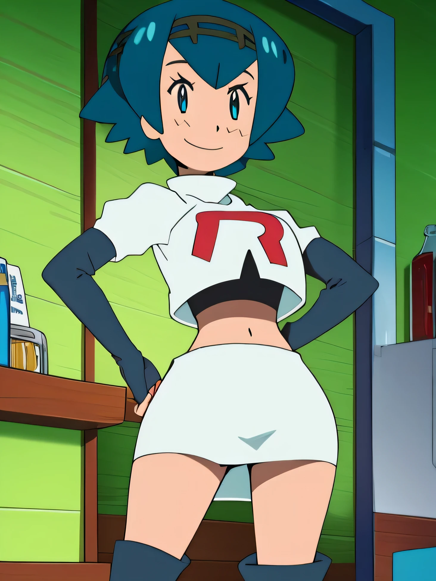 8k,1girl in, (solo:1.1), (perfect body:1.1), (best quality:1.1), very large breast, team rocket, team rocket uniform, red letter r, white skirt,white crop top,black thigh-high boots, black elbow gloves, smiling, looking down at viewer, hands on hips,zettai ryouiki,cowboy shot