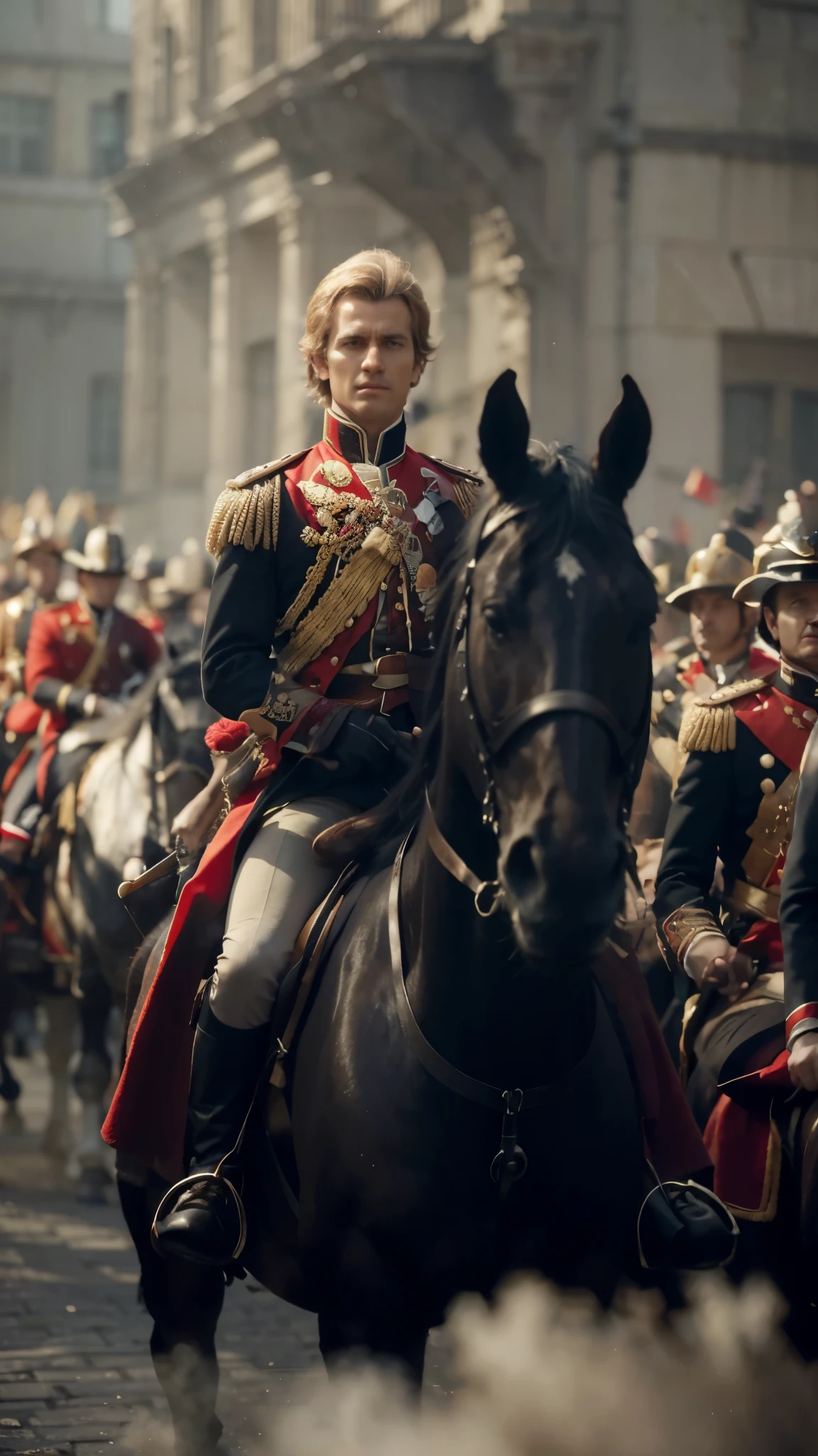 a group of men riding on the blacks of horses, cinematic color grading, red coat, he has no nose, dof 1. 3, authoritarian, dressed like napoleon bonaparte, fausto de martini, name of the character is chad, european face, standing in the streets, in uniform, ad image, incredibly detailed face