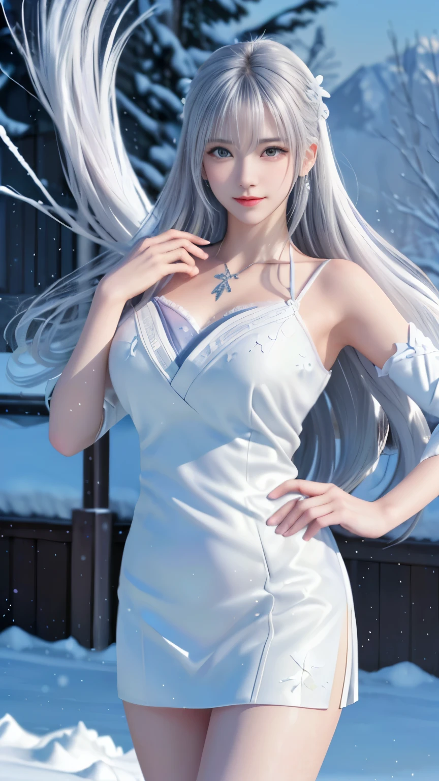 ((logo, masterpiece, 8k, table top, RAW photo, wonderful, 最high quality, Photorealistic and hvery detailed CG integrated 8k wallpaper, high quality, very detailed, Narrative poem, particle effects, dynamic effects, Depth of written boundary, cinematic light, Lens flare, ray tracing, anatomically accurate)), fantasy, 1 beautiful woman, silver hair, clear eyes, long hair, beautiful face, real face, 緻密でbeautiful eyes, beautiful skin, ((dancing woman, 優雅にdancing woman,  snow sceneの中でdancing woman, 激しくdancing woman)), ((long hairがWindでなびく, long hairが跳ねる, long hairがWindで踊る)), hair jump, jewelry, beautiful eyes, white kimono, white obi, White cherry blossom embroidery pattern, silver earrings, Wind, snow mountainの中で, snow scene, snow mountain, snow makeup, 雪とhoarfrost, snow-capped mountainや森, hoarfrost, snow-capped mountain々, The beauty and brilliance of frost-covered trees, The tranquility and beauty of a world of ice and snow