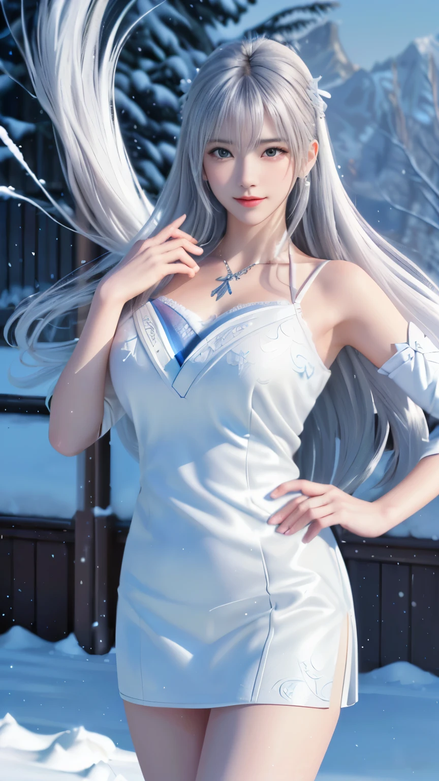 ((logo, masterpiece, 8k, table top, RAW photo, wonderful, 最high quality, Photorealistic and hvery detailed CG integrated 8k wallpaper, high quality, very detailed, Narrative poem, particle effects, dynamic effects, Depth of written boundary, cinematic light, Lens flare, ray tracing, anatomically accurate)), fantasy, 1 beautiful woman, silver hair, clear eyes, long hair, beautiful face, real face, 緻密でbeautiful eyes, beautiful skin, ((dancing woman, 優雅にdancing woman,  snow sceneの中でdancing woman, 激しくdancing woman)), ((long hairがWindでなびく, long hairが跳ねる, long hairがWindで踊る)), hair jump, jewelry, beautiful eyes, white kimono, white obi, White cherry blossom embroidery pattern, silver earrings, Wind, snow mountainの中で, snow scene, snow mountain, snow makeup, 雪とhoarfrost, snow-capped mountainや森, hoarfrost, snow-capped mountain々, The beauty and brilliance of frost-covered trees, The tranquility and beauty of a world of ice and snow