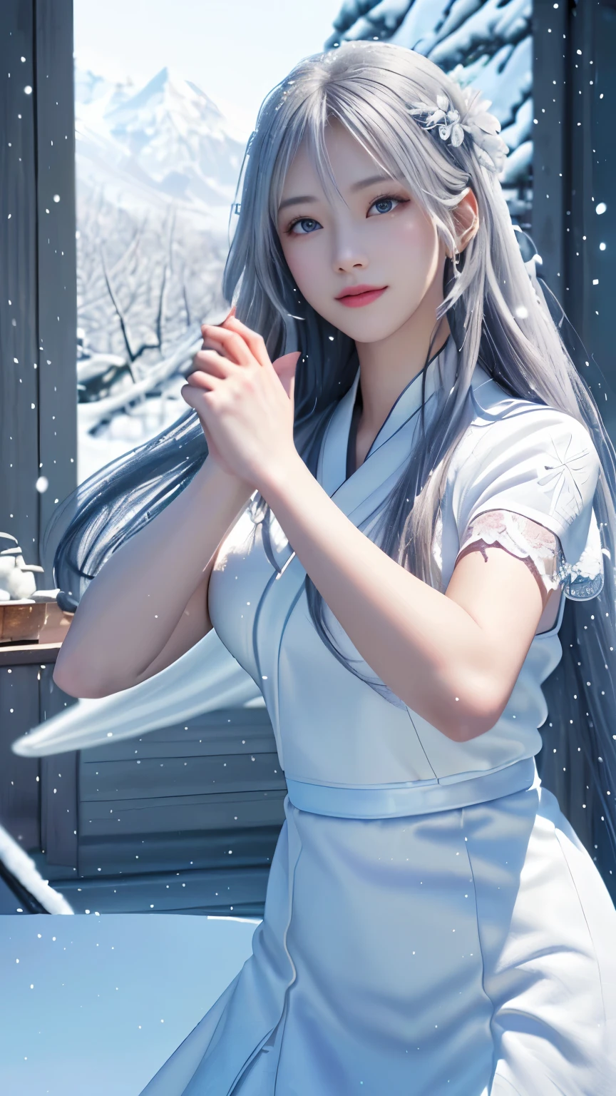((logo, masterpiece, 8k, table top, RAW photo, wonderful, 最high quality, Photorealistic and hvery detailed CG integrated 8k wallpaper, high quality, very detailed, Narrative poem, particle effects, dynamic effects, Depth of written boundary, cinematic light, Lens flare, ray tracing, anatomically accurate)), fantasy, 1 beautiful woman, silver hair, clear eyes, long hair, beautiful face, real face, 緻密でbeautiful eyes, beautiful skin, ((dancing woman, 優雅にdancing woman, snow sceneの中でdancing woman, 激しくdancing woman)), ((long hairがWindでなびく, long hairが跳ねる, long hairがWindで踊る)), hair jump, jewelry, beautiful eyes, white kimono, white obi, White cherry blossom embroidery pattern, silver earrings, Wind, snow mountainの中で, snow scene, snow mountain, snow makeup, 雪とhoarfrost, snow-capped mountainや森, hoarfrost, snow-capped mountain々, The beauty and brilliance of frost-covered trees, The tranquility and beauty of a world of ice and snow